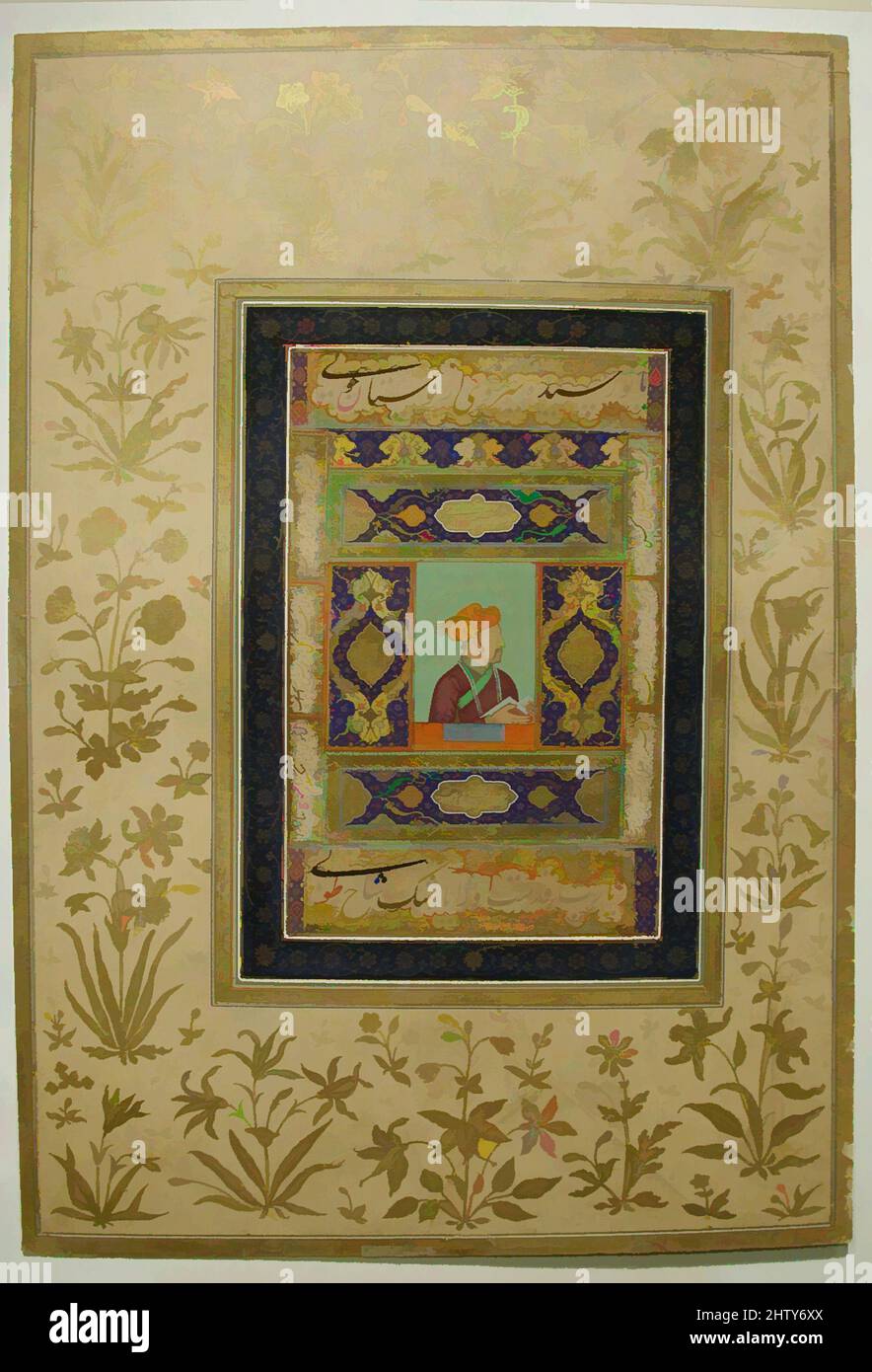Kunst inspiriert von Porträt des Imperators Jahangir, ca. 1615–20, Made in India, Tinte, opakes Aquarell und Gold auf Papier, Image 5 7/8 in x 8 7/8 in., Codices, Jahangir war ein anspruchsvoller Mäzen, der eng mit den Künstlern in seinem Arbeitsverhältnis zusammenarbeitete. Der Stil der Porträtkunst, der während seiner Regierungszeit geschaffen wurde, wurde von Artotop mit einem Hauch von Moderne modernisiert. Formen, Farbe und Wert, auffällige visuelle Wirkung auf Kunst. Emotionen durch Freiheit von Kunstwerken auf zeitgemäße Weise. Eine zeitlose Botschaft, die eine wild kreative neue Richtung verfolgt. Künstler, die sich dem digitalen Medium zuwenden und die Artotop NFT erschaffen Stockfoto