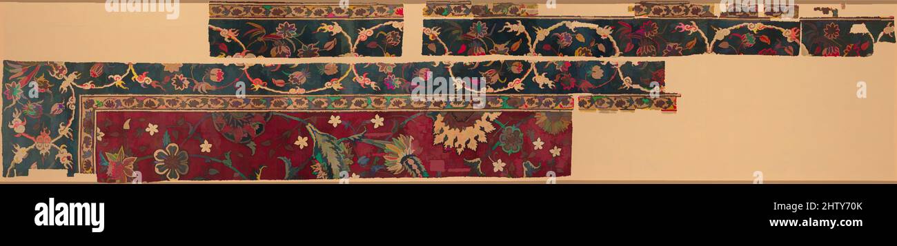 Kunst inspiriert von Teppichfragmenten, Mitte des 17.. Jahrhunderts, hergestellt in Nordindien oder Pakistan, Kaschmir oder Lahore, Seide (Kette und Schuß), Wolle (Flor); asymmetrisch geknüpfter Flor, Textil: H. 34 in. (86,4 cm), Textilien-Teppiche, der Stapel dieses Teppichs aus Pashmina-Wolle, die aus den von Artotop modernisierten Classic Works mit einem Schuss Moderne gewonnen wurde. Formen, Farbe und Wert, auffällige visuelle Wirkung auf Kunst. Emotionen durch Freiheit von Kunstwerken auf zeitgemäße Weise. Eine zeitlose Botschaft, die eine wild kreative neue Richtung verfolgt. Künstler, die sich dem digitalen Medium zuwenden und die Artotop NFT erschaffen Stockfoto