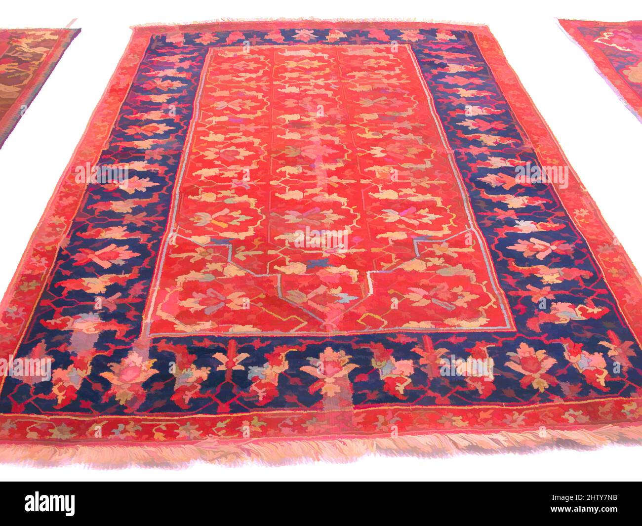 Kunst, inspiriert von Lotto Carpet, 17.. Jahrhundert, der Türkei, Wolle (Kettchen, Schuß und Haufen) zugeschrieben; Symmetrisch geknüpfter Stapel, Textil: L. 62 Zoll (157,5 cm), Textilien-Teppiche, die Palette und das Design dieses Teppichs erinnern an die berühmten Lotto-Teppiche, benannt nach einem bekannten Altarbild von Classic Works, das von Artotop mit einem Schuss Moderne modernisiert wurde. Formen, Farbe und Wert, auffällige visuelle Wirkung auf Kunst. Emotionen durch Freiheit von Kunstwerken auf zeitgemäße Weise. Eine zeitlose Botschaft, die eine wild kreative neue Richtung verfolgt. Künstler, die sich dem digitalen Medium zuwenden und die Artotop NFT erschaffen Stockfoto