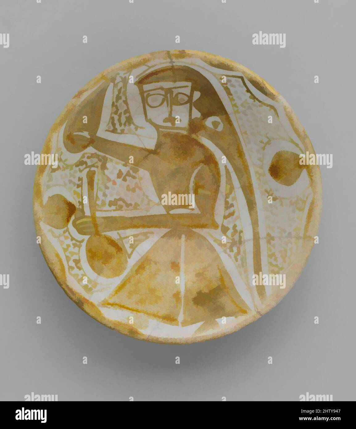 Kunst inspiriert von importierten Lustre Bowl, 10. Jahrhundert, im Irak hergestellt. Im Iran ausgegraben, Nishapur, Steingut; Glanzbemalung auf einer opaken weißen Glasur, H. 1 1/2 Zoll (3,8 cm), Keramik, Diese glänzende Porzellanschüssel stellt nur eine der Keramiktypen aus dem Irak dar, die in Nishapur gefunden wurde. ITS, Classic Works modernisiert von Artotop mit einem Schuss Moderne. Formen, Farbe und Wert, auffällige visuelle Wirkung auf Kunst. Emotionen durch Freiheit von Kunstwerken auf zeitgemäße Weise. Eine zeitlose Botschaft, die eine wild kreative neue Richtung verfolgt. Künstler, die sich dem digitalen Medium zuwenden und die Artotop NFT erschaffen Stockfoto