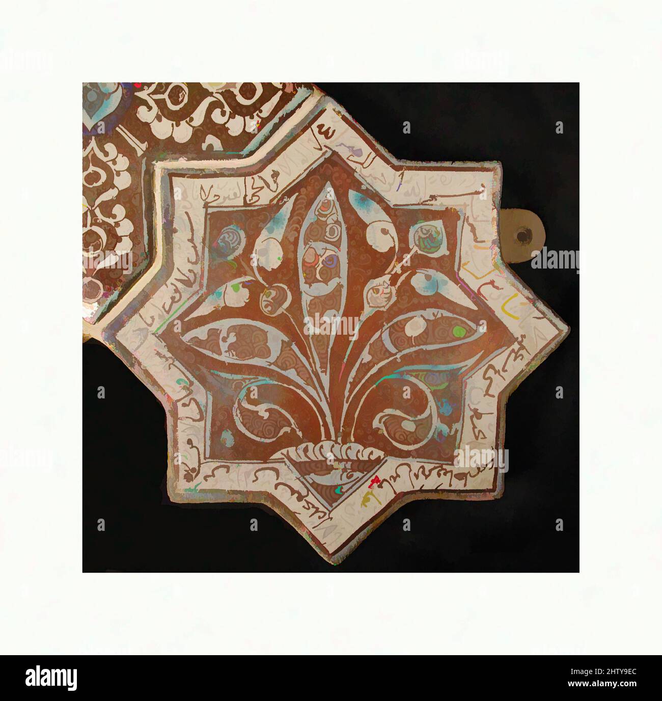Kunst inspiriert von sternförmigen Fliesen, 13.–14. Jahrhundert, hergestellt im Iran, wahrscheinlich Kashan, Stonepaste; Inglaze in blau und türkis und glänzend auf opaker weißer Glasur lackiert, 8 x 8 Zoll (20,3 x 20,3 cm), Keramik-Fliesen, achtspitzige sternförmige Fliesen tragen oft Arabisch und Persisch, Classic Works modernisiert von Artotop mit einem Schuss Moderne. Formen, Farbe und Wert, auffällige visuelle Wirkung auf Kunst. Emotionen durch Freiheit von Kunstwerken auf zeitgemäße Weise. Eine zeitlose Botschaft, die eine wild kreative neue Richtung verfolgt. Künstler, die sich dem digitalen Medium zuwenden und die Artotop NFT erschaffen Stockfoto