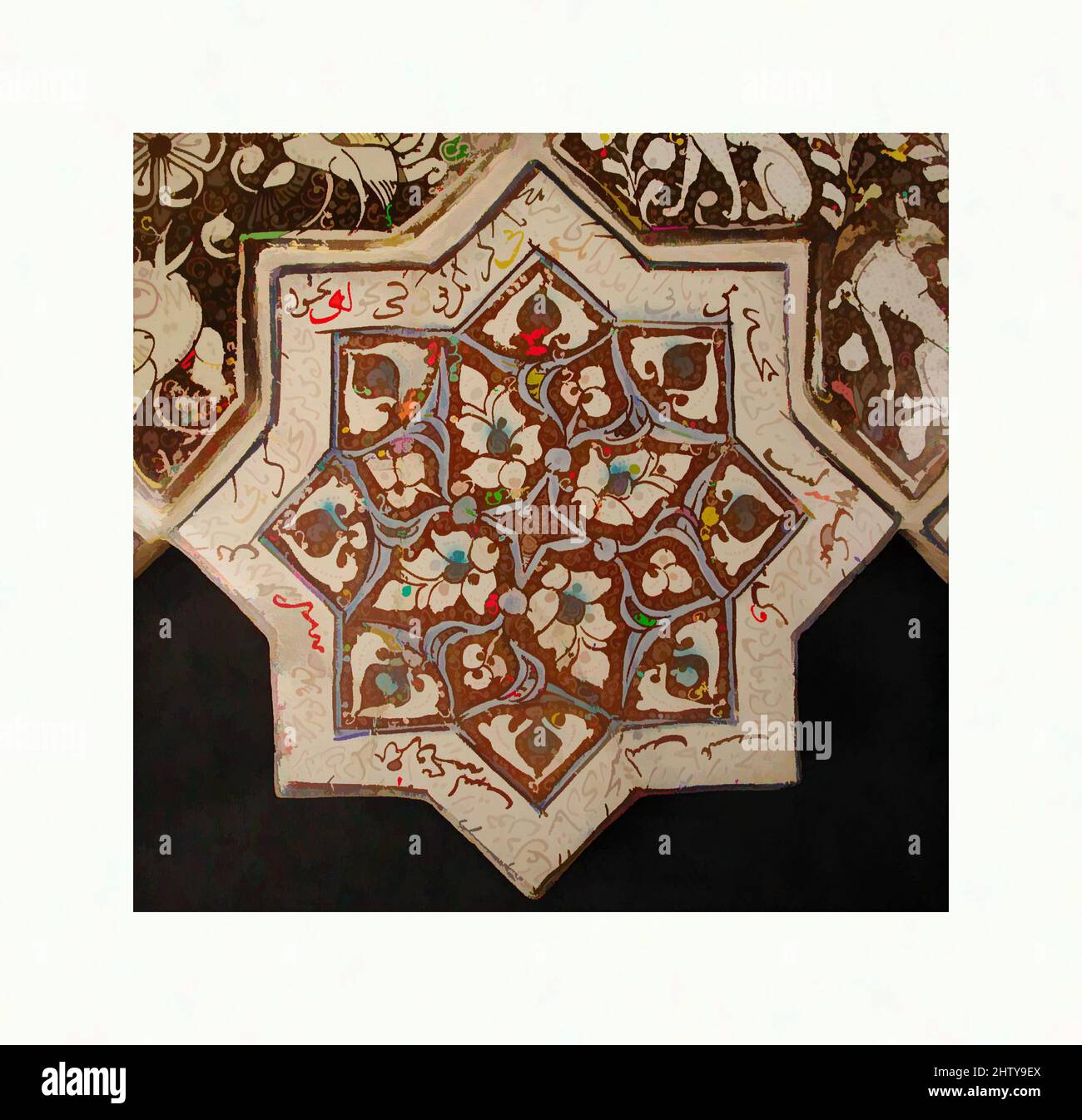 Kunst inspiriert von sternförmigen Fliesen, 13.–14. Jahrhundert, hergestellt im Iran, wahrscheinlich Kashan, Stonepaste; Inglaze in blau und türkis und glänzend auf opaker weißer Glasur lackiert, 8 x 8 Zoll (20,3 x 20,3 cm), Keramik-Fliesen, Diese achtzackige Sternziegel war einst Teil einer von Artotop modernisierten Tafel aus Stern- und Klassikarbeiten mit einem Schuss Moderne. Formen, Farbe und Wert, auffällige visuelle Wirkung auf Kunst. Emotionen durch Freiheit von Kunstwerken auf zeitgemäße Weise. Eine zeitlose Botschaft, die eine wild kreative neue Richtung verfolgt. Künstler, die sich dem digitalen Medium zuwenden und die Artotop NFT erschaffen Stockfoto