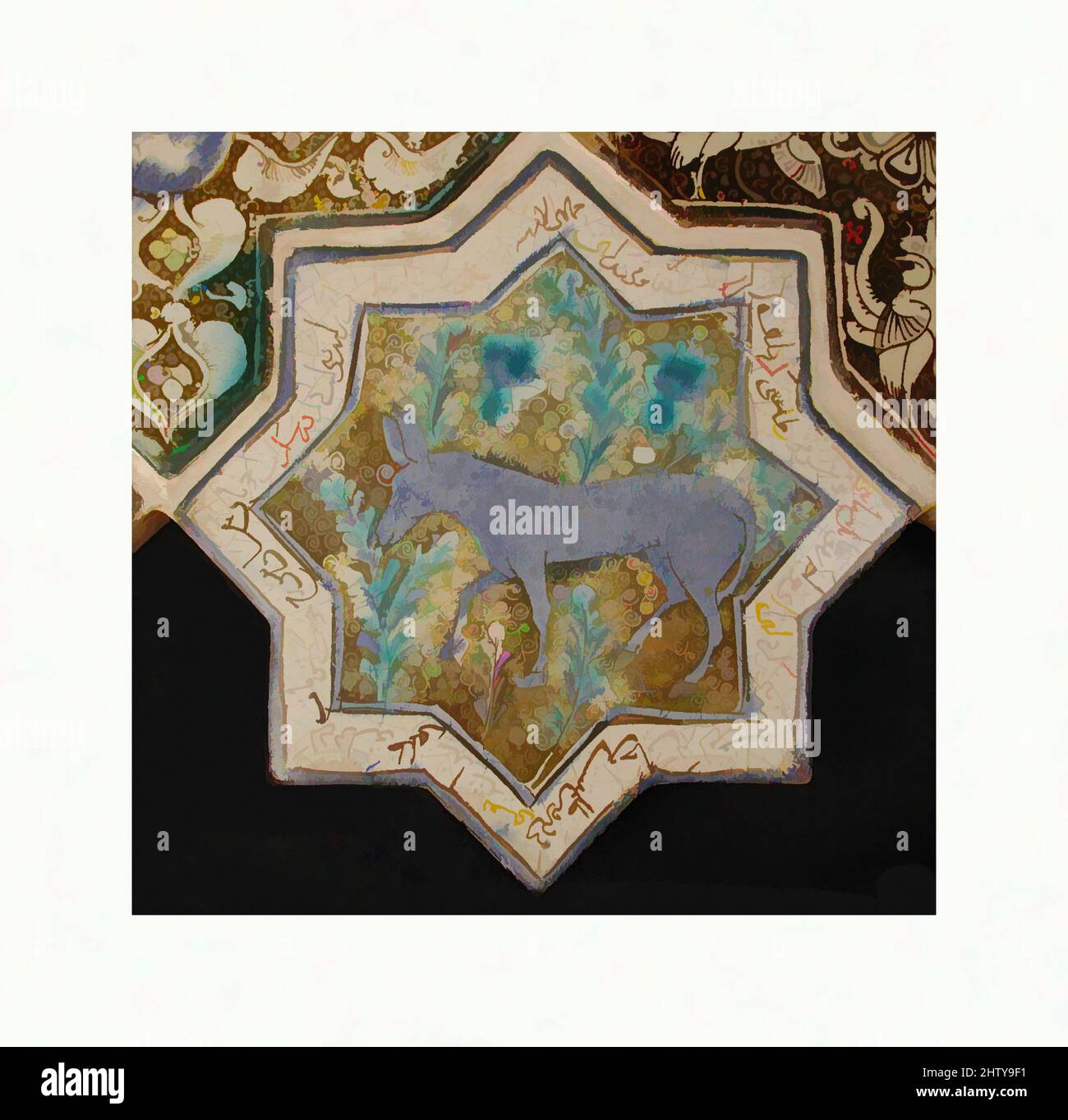 Kunst inspiriert von sternförmigen Fliesen, 13.–14. Jahrhundert, hergestellt im Iran, wahrscheinlich Kashan, Stonepaste; Inglaze in blau und türkis und glänzend auf opaker weißer Glasur lackiert, 8 x 8 Zoll (20,3 x 20,3 cm), Keramik-Fliesen, Diese achtzackige Sternziegel war einst Teil einer von Artotop modernisierten Tafel aus Stern- und Klassikarbeiten mit einem Schuss Moderne. Formen, Farbe und Wert, auffällige visuelle Wirkung auf Kunst. Emotionen durch Freiheit von Kunstwerken auf zeitgemäße Weise. Eine zeitlose Botschaft, die eine wild kreative neue Richtung verfolgt. Künstler, die sich dem digitalen Medium zuwenden und die Artotop NFT erschaffen Stockfoto