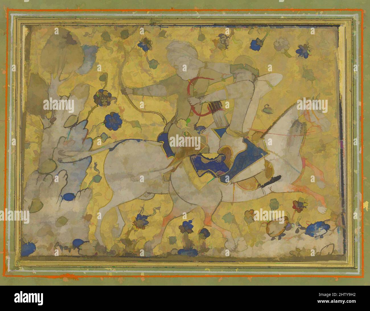 Kunst inspiriert von zwei berittenen Kriegern, Mitte des 16.. Jahrhunderts, dem Iran zugeschrieben, Tinte, Aquarell, Opakes Aquarell und Gold auf Papier, H. 3 3/4 Zoll (9,5 cm), Codices, Classic Works modernisiert von Artotop mit einem Schuss Moderne. Formen, Farbe und Wert, auffällige visuelle Wirkung auf Kunst. Emotionen durch Freiheit von Kunstwerken auf zeitgemäße Weise. Eine zeitlose Botschaft, die eine wild kreative neue Richtung verfolgt. Künstler, die sich dem digitalen Medium zuwenden und die Artotop NFT erschaffen Stockfoto