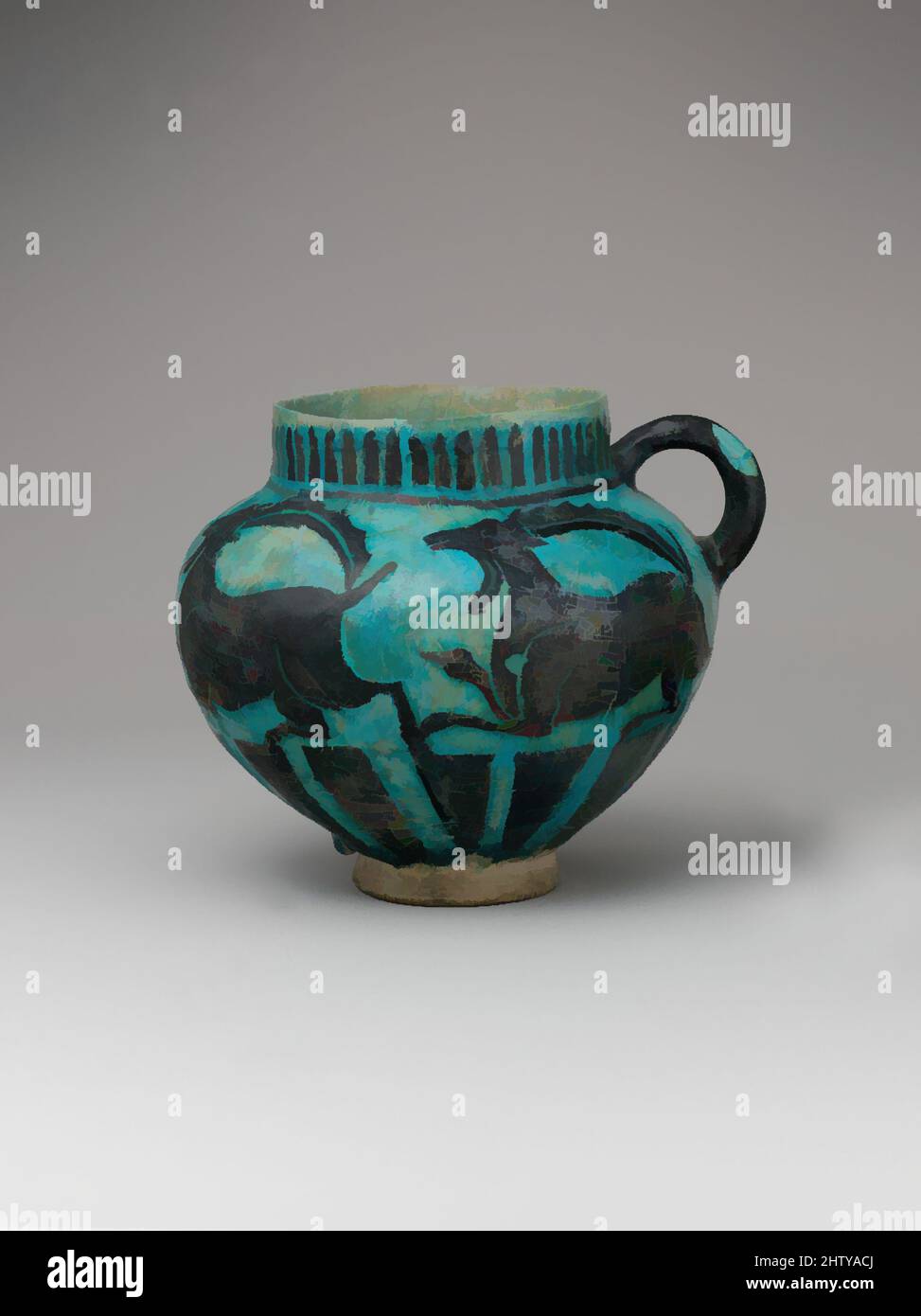 Art inspired by Cup with running ibexes, Second half 12. century, zugeschrieben Iran, wahrscheinlich Rayy, Stonepaste; eingeschnittene Dekoration durch schwarzen Rutschboden unter türkisfarbener Glasur ('Silhouettenware'), H. 5 in. (12,7 cm), Keramik, um "Silhouette Ware" zu schaffen, ein Objekt aus weißem Ton, Classic Works modernisiert von Artotop mit einem Schuss Moderne. Formen, Farbe und Wert, auffällige visuelle Wirkung auf Kunst. Emotionen durch Freiheit von Kunstwerken auf zeitgemäße Weise. Eine zeitlose Botschaft, die eine wild kreative neue Richtung verfolgt. Künstler, die sich dem digitalen Medium zuwenden und die Artotop NFT erschaffen Stockfoto