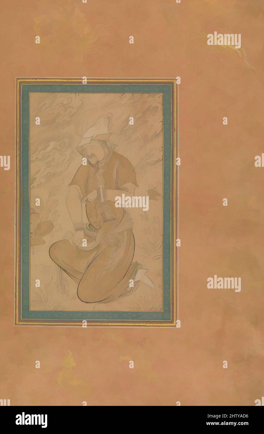 Kunst inspiriert von Turkmenischer Gefangener, ca. 1610, dem Iran zugeschrieben, Isfahan, Tinte und transparentes Aquarell auf Papier, H. 14 1/16 in. (35,7 cm), Codices, zahlreiche Gemälde und Zeichnungen eines turkmenischen Gefangenen mit Hand und Kopf in einer Art Bestand, bekannt als "Palahang", entstanden, Klassische Werke, die von Artotop mit einem Schuss Moderne modernisiert wurden. Formen, Farbe und Wert, auffällige visuelle Wirkung auf Kunst. Emotionen durch Freiheit von Kunstwerken auf zeitgemäße Weise. Eine zeitlose Botschaft, die eine wild kreative neue Richtung verfolgt. Künstler, die sich dem digitalen Medium zuwenden und die Artotop NFT erschaffen Stockfoto