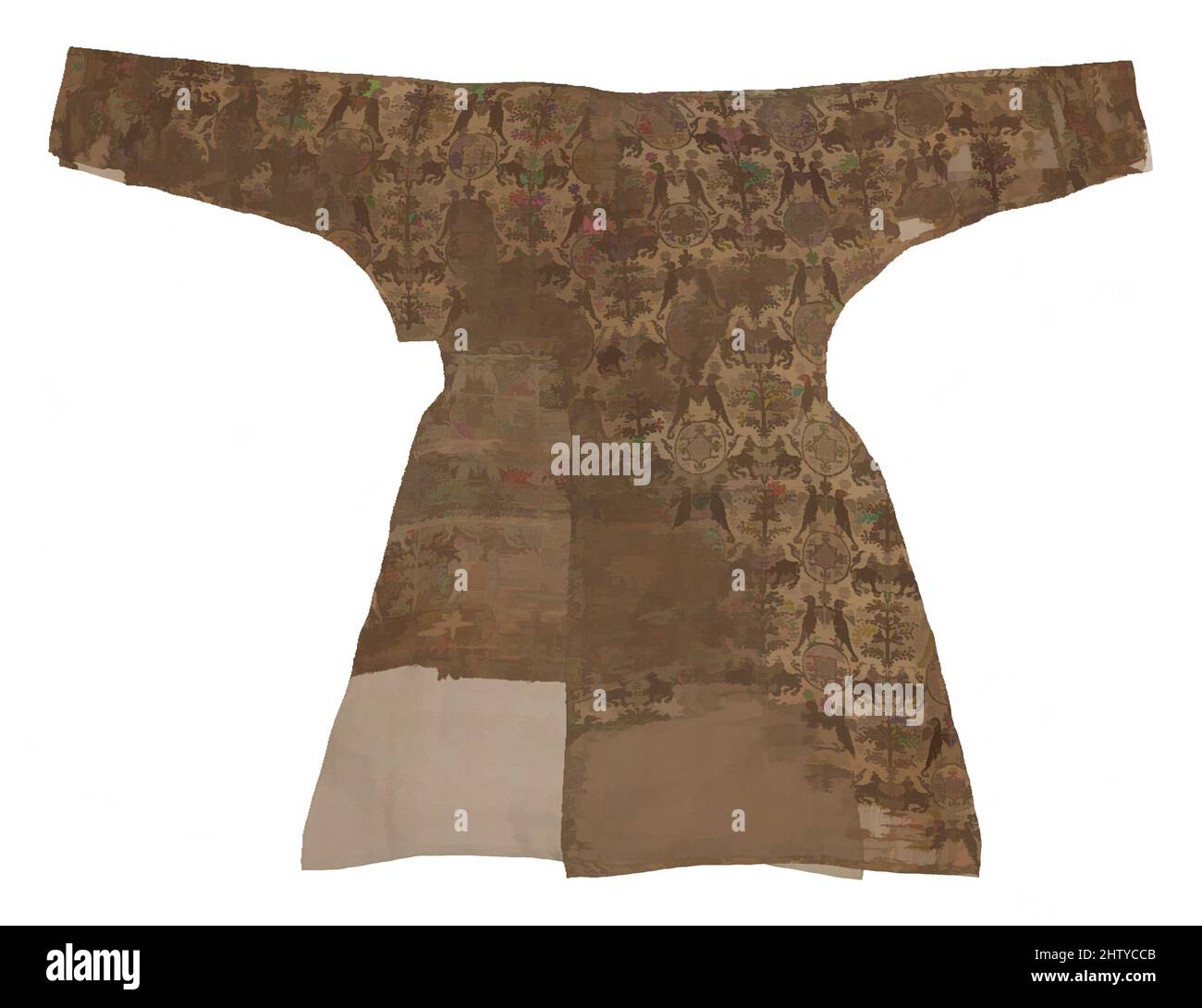 Kunst inspiriert von Reitmantel, erste Hälfte 13. Jahrhundert, zugeschrieben wahrscheinlich Iran, Seide; Schussgesichtstoff-Köper (Samite), Textil: H. 68 7/8 in. (175 cm), Textilien-Kostüme, neben Goldschmuck, wohlhabende Menschen während der Seldschuq-Zeit und etwas später trug prächtige Seide, Classic Works modernisiert von Artotop mit einem Schuss Moderne. Formen, Farbe und Wert, auffällige visuelle Wirkung auf Kunst. Emotionen durch Freiheit von Kunstwerken auf zeitgemäße Weise. Eine zeitlose Botschaft, die eine wild kreative neue Richtung verfolgt. Künstler, die sich dem digitalen Medium zuwenden und die Artotop NFT erschaffen Stockfoto