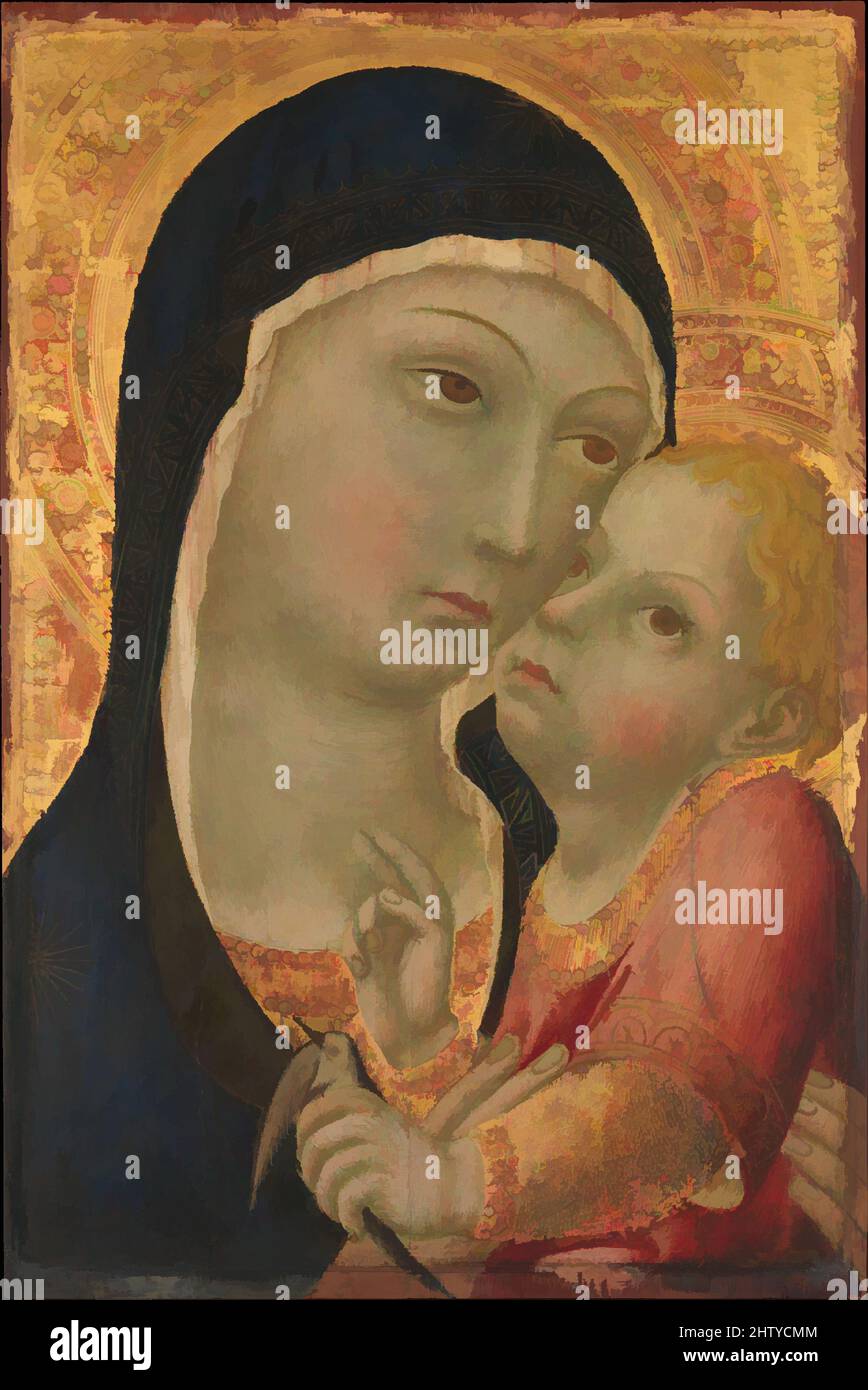 Kunst inspiriert von Madonna und Kind, um 1450, Tempera auf Holz, Goldgrund, insgesamt, Mit einrahmten Rahmen, 16 3/8 x 12 1/8 Zoll (41,6 x 30,8 cm); lackierte Oberfläche 13 1/8 x 9 Zoll (33,3 x 22,9 cm), Gemälde, Sano di Pietro (Ansano di Pietro di Mencio) (Italienisch, Siena 1405–1481 Siena), mit, Klassische Werke, die von Artotop mit einem Schuss Moderne modernisiert wurden. Formen, Farbe und Wert, auffällige visuelle Wirkung auf Kunst. Emotionen durch Freiheit von Kunstwerken auf zeitgemäße Weise. Eine zeitlose Botschaft, die eine wild kreative neue Richtung verfolgt. Künstler, die sich dem digitalen Medium zuwenden und die Artotop NFT erschaffen Stockfoto