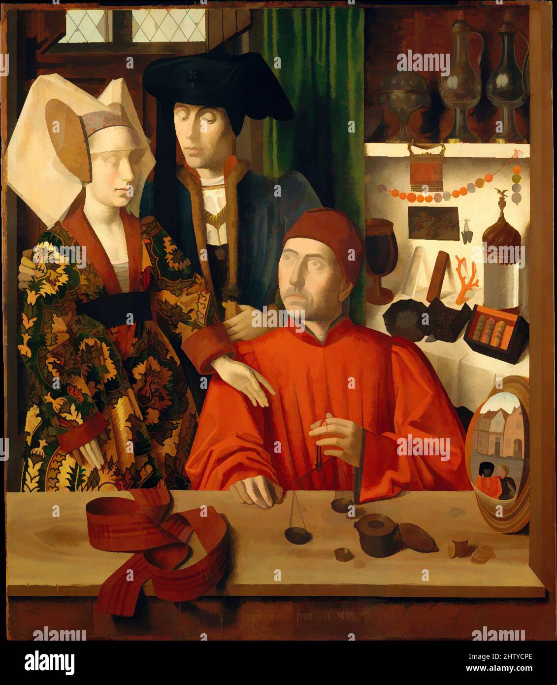 Kunst inspiriert von Einem Goldschmied in seinem Laden, 1449, Öl auf Eichenplatte, insgesamt 39 3/8 x 33 3/4 Zoll (100,1 x 85,8 cm); lackierte Oberfläche 38 5/8 x 33 1/2 Zoll (98 x 85,2 cm), Gemälde, Petrus Christus (Niederländisch, Baarle-Hertog (Baerle-Duc), aktiv von 1444–gestorben 1475/76 Brügge), Ein gefeiertes, klassisches Werk, das von Artotop mit einem Schuss Moderne modernisiert wurde. Formen, Farbe und Wert, auffällige visuelle Wirkung auf Kunst. Emotionen durch Freiheit von Kunstwerken auf zeitgemäße Weise. Eine zeitlose Botschaft, die eine wild kreative neue Richtung verfolgt. Künstler, die sich dem digitalen Medium zuwenden und die Artotop NFT erschaffen Stockfoto