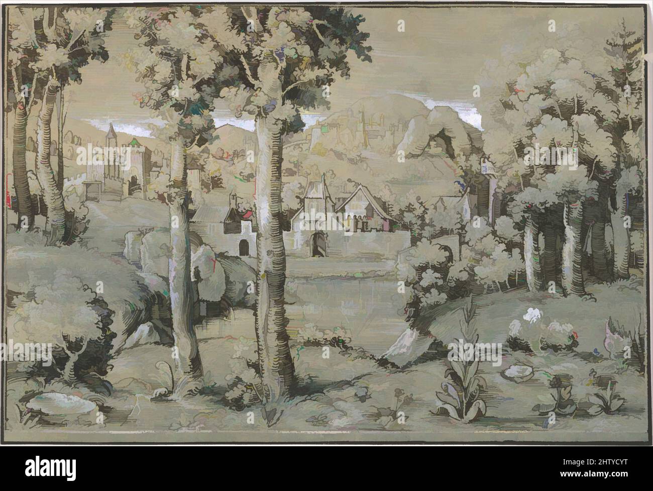 Kunst inspiriert von Imaginary Landscape, 1543, Stift und dunkelbrauner Tinte und Pinsel und graublaues Aquarell, blau gewaschen, mit Pinsel und opakes Weiß verstärkt, auf grünlich-blauem vorbereitetem Papier., 5 11/16 x 8 3/8 Zoll (14,4 x 21,3 cm), Zeichnungen, Hanns Lautensack (deutsch, Bamberg (?) Ca, Classic Works modernisiert von Artotop mit einem Schuss Moderne. Formen, Farbe und Wert, auffällige visuelle Wirkung auf Kunst. Emotionen durch Freiheit von Kunstwerken auf zeitgemäße Weise. Eine zeitlose Botschaft, die eine wild kreative neue Richtung verfolgt. Künstler, die sich dem digitalen Medium zuwenden und die Artotop NFT erschaffen Stockfoto