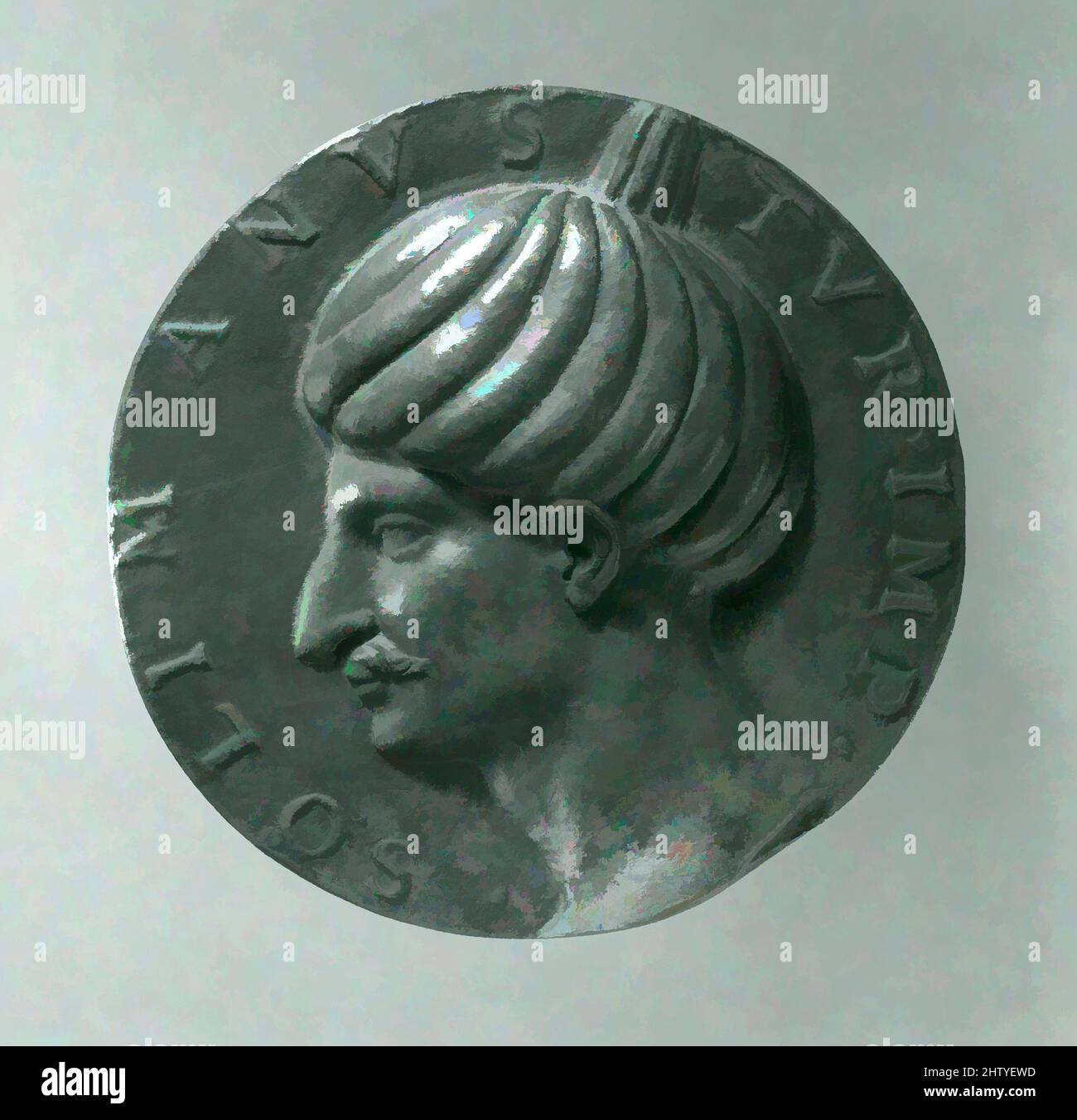 Kunst inspiriert von Medaille: Sultan Süleyman I, ca. 1525, Norditalienisch, Bronze (rötliche Kupferlegierung mit Durchm. 12,8 cm, Gew. 554,77 g., Medaillen, die Vorderseite zeigt ein Porträt des türkischen Sultans Süleyman I., „der Magnificent“ (1496–1566). Das Gegenteil wurde auf der Drehbank abgelehnt, Classic Works wurde von Artotop mit einem Schuss Modernität modernisiert. Formen, Farbe und Wert, auffällige visuelle Wirkung auf Kunst. Emotionen durch Freiheit von Kunstwerken auf zeitgemäße Weise. Eine zeitlose Botschaft, die eine wild kreative neue Richtung verfolgt. Künstler, die sich dem digitalen Medium zuwenden und die Artotop NFT erschaffen Stockfoto