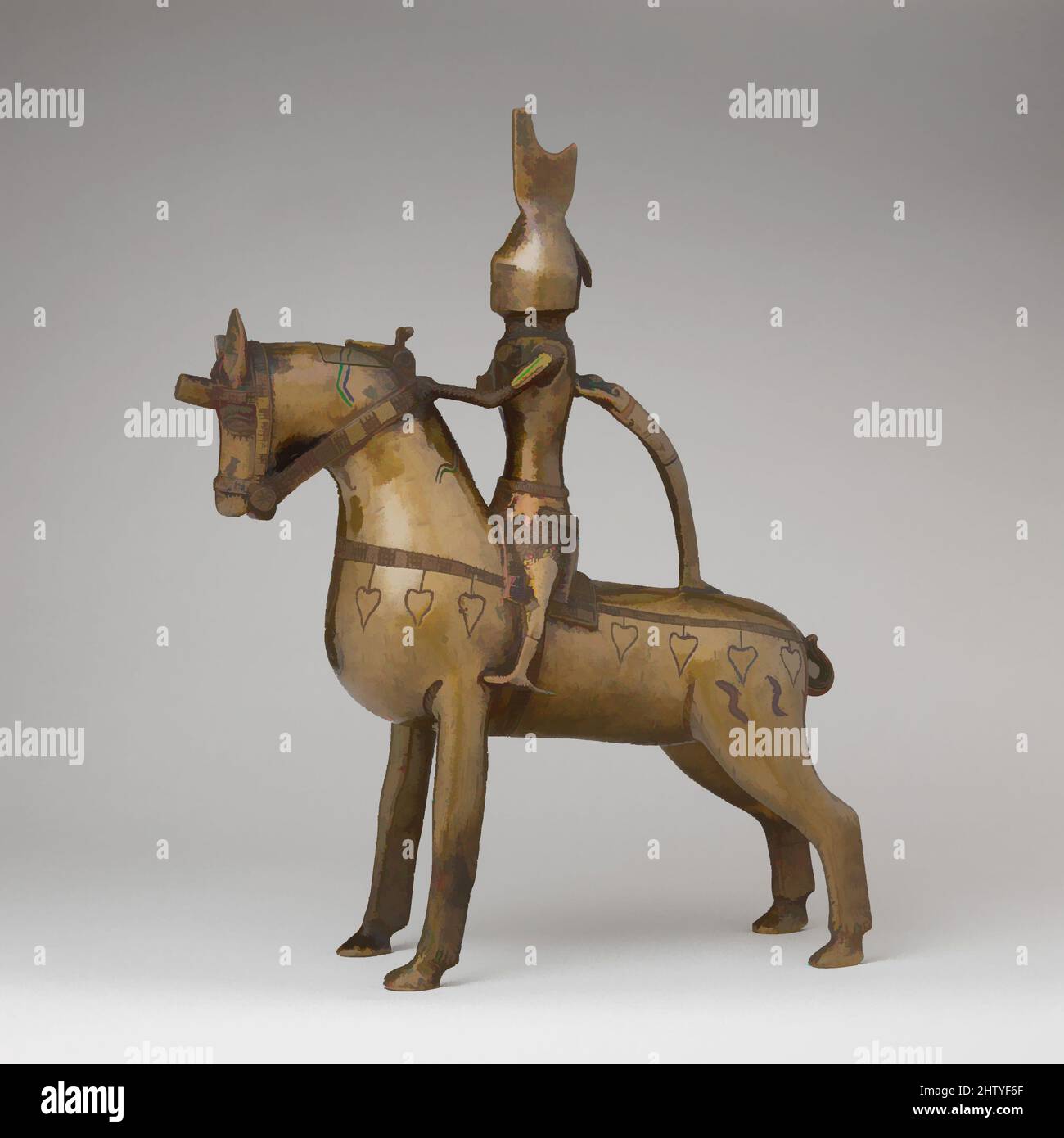 Kunst inspiriert von Aquamanile in Form eines Ritters auf, ca. 1350, deutsch, Niedersachsen (?), Bronze; quaternäre Kupferlegierung mit hohem Zinkanteil (ca. 73% Kupfer, ca. 15% Zink, ca. 7% Blei, ca. 3% Zinn) mit natürlicher Patina, Hohlguss; Reste des Tonkerns, H, Classic Works modernisiert von Artotop mit einem Schuss Moderne. Formen, Farbe und Wert, auffällige visuelle Wirkung auf Kunst. Emotionen durch Freiheit von Kunstwerken auf zeitgemäße Weise. Eine zeitlose Botschaft, die eine wild kreative neue Richtung verfolgt. Künstler, die sich dem digitalen Medium zuwenden und die Artotop NFT erschaffen Stockfoto