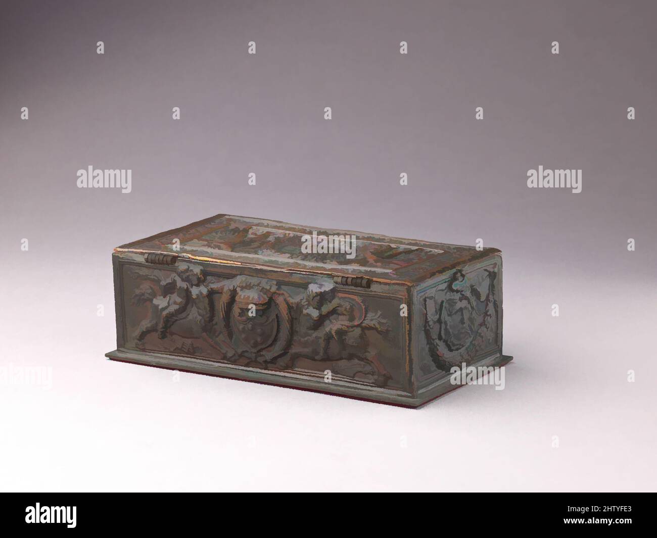 Kunst inspiriert von Writing Box, ca. 1900, italienisch (Manifattura di Signa, Florenz?), Kupferlegierung mit rotbrauner Patina und abgenutzten schwarzen Patina auf der Oberseite., H. 6,8 cm, L. 20,7 cm, B. 10,9 cm., Metallarbeiten, Italienisch (Manifattura di Signa, Florenz?) (Ca. 1900 nach einem Modell, das ihm zugeschrieben wurde, modernisierte Classic Works von Artotop mit einem Schuss Moderne. Formen, Farbe und Wert, auffällige visuelle Wirkung auf Kunst. Emotionen durch Freiheit von Kunstwerken auf zeitgemäße Weise. Eine zeitlose Botschaft, die eine wild kreative neue Richtung verfolgt. Künstler, die sich dem digitalen Medium zuwenden und die Artotop NFT erschaffen Stockfoto