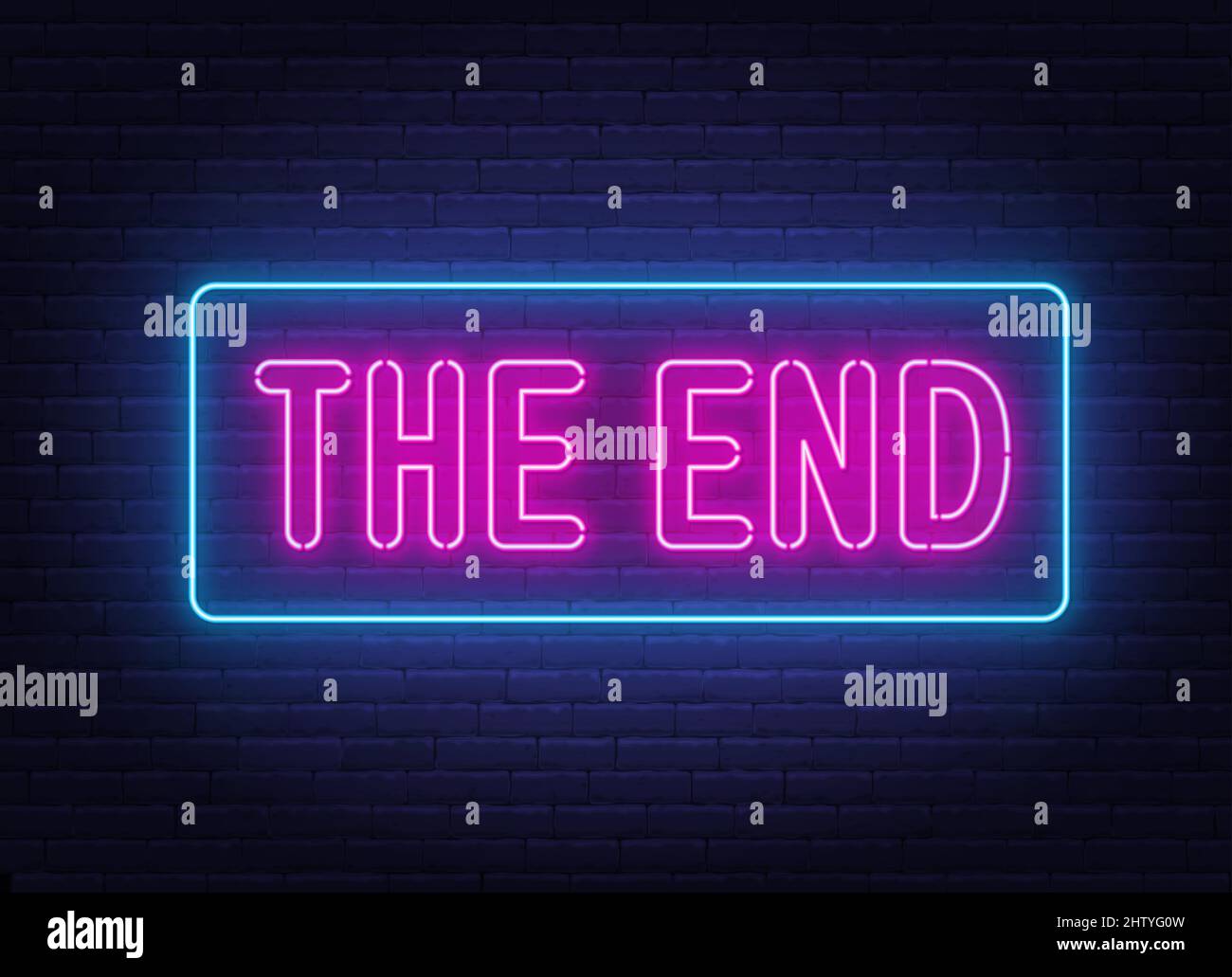 Das Ende Neon-Zeichen auf Backstein Wand Hintergrund. Stock Vektor