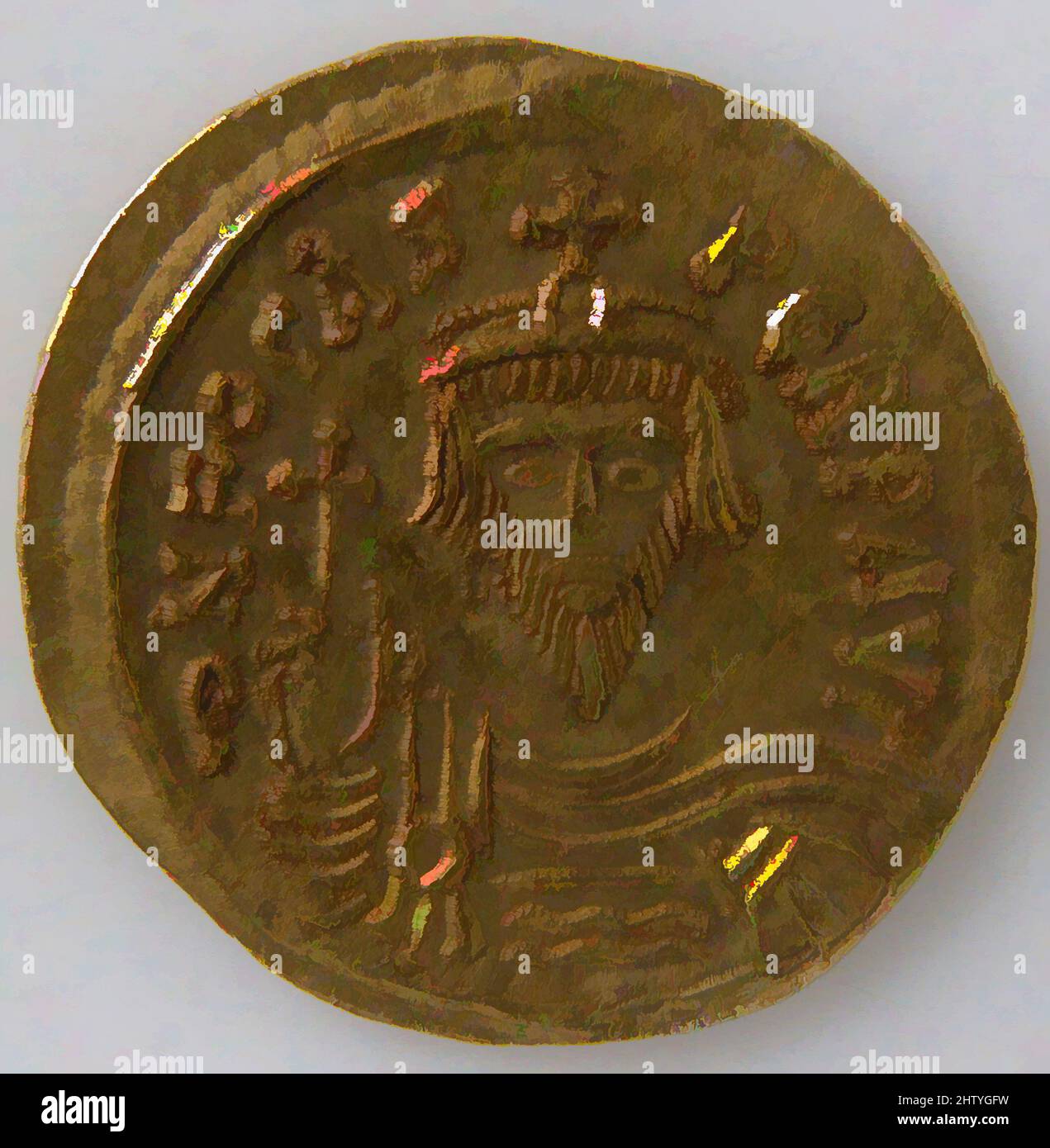 Kunst inspiriert von Solidus, 602–610, frühbyzantinisch, Gold, insgesamt: 13/16 x 1/16 Zoll (2,1 x 0,1 cm), Münzen, Münzen sind für Historiker wichtig, weil sie in der Regel wertvolle Informationen über das Datum ihrer Ausgabe, den Ort, an dem sie getroffen wurden, und Details über die politischen, klassischen Werke, die von Artotop mit einem Schuss Moderne modernisiert wurden, liefern. Formen, Farbe und Wert, auffällige visuelle Wirkung auf Kunst. Emotionen durch Freiheit von Kunstwerken auf zeitgemäße Weise. Eine zeitlose Botschaft, die eine wild kreative neue Richtung verfolgt. Künstler, die sich dem digitalen Medium zuwenden und die Artotop NFT erschaffen Stockfoto