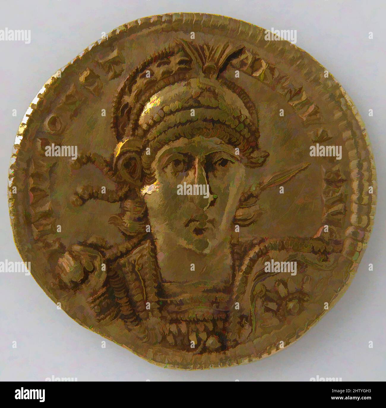 Kunst inspiriert von Gold Solidus von Konstantin II., 337–361, Byzantine, Gold, insgesamt: 13/16 x 1/16 Zoll (2 x 0,1 cm), Münzen, Diese Münze wurde in Rom geprägt, wahrscheinlich im Jahr 353 von Constantius II., einem der vier Söhne Konstantins des Großen. Constantius II. Regierte die östliche Hälfte der von Artotop modernisierten, klassischen Werke mit einem Schuss Moderne. Formen, Farbe und Wert, auffällige visuelle Wirkung auf Kunst. Emotionen durch Freiheit von Kunstwerken auf zeitgemäße Weise. Eine zeitlose Botschaft, die eine wild kreative neue Richtung verfolgt. Künstler, die sich dem digitalen Medium zuwenden und die Artotop NFT erschaffen Stockfoto