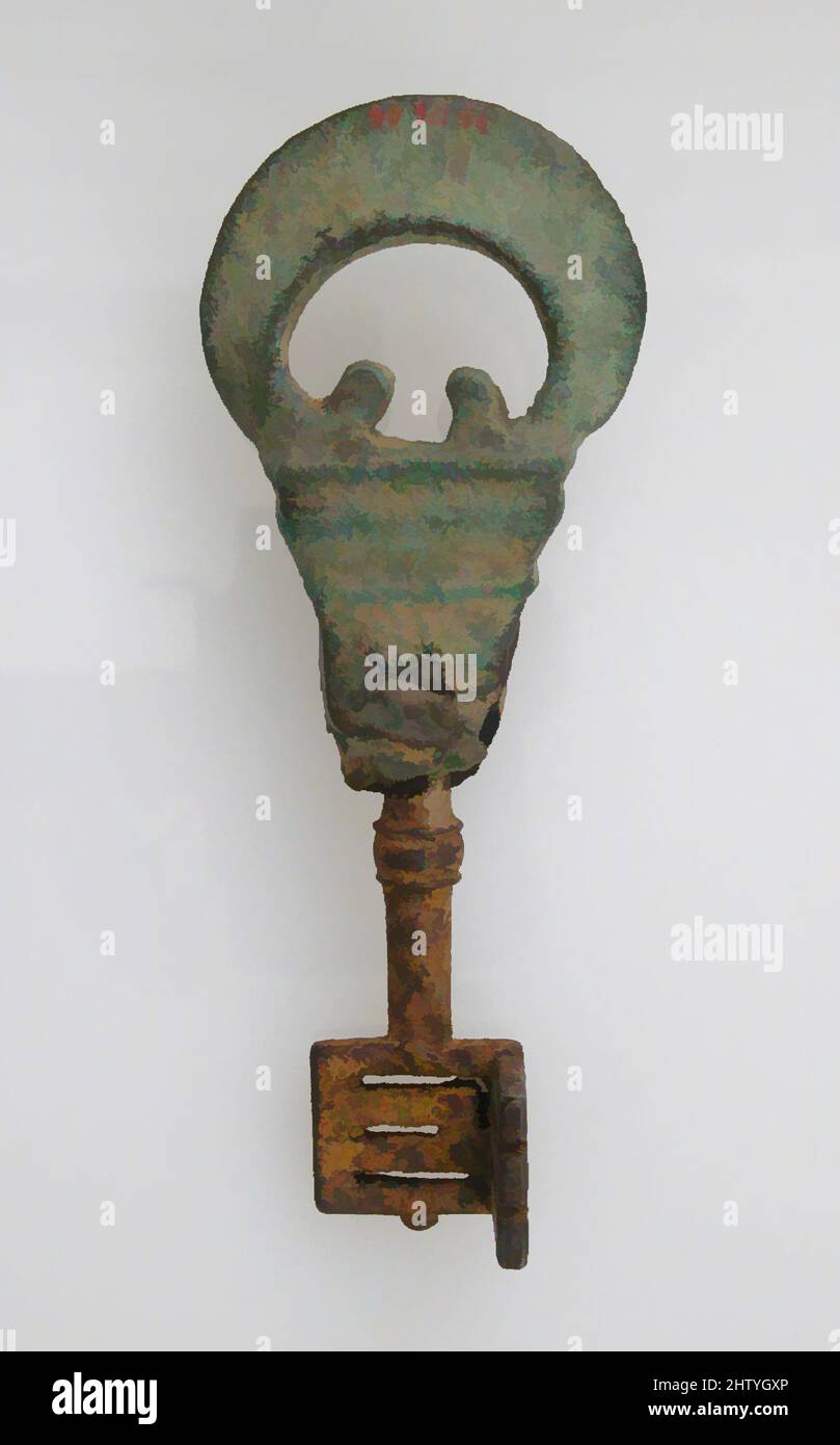 Kunst inspiriert von Key mit Bogen, 2.–3. Jahrhundert, römisch, Kupferlegierung, Eisen, Insgesamt: 4 1/2 x 2 1/2 x 11/16 Zoll (11,5 x 6,4 x 1,8 cm), Metallarbeiten-Bronze, Klassisches Werk, modernisiert von Artotop mit einem Schuss Moderne. Formen, Farbe und Wert, auffällige visuelle Wirkung auf Kunst. Emotionen durch Freiheit von Kunstwerken auf zeitgemäße Weise. Eine zeitlose Botschaft, die eine wild kreative neue Richtung verfolgt. Künstler, die sich dem digitalen Medium zuwenden und die Artotop NFT erschaffen Stockfoto