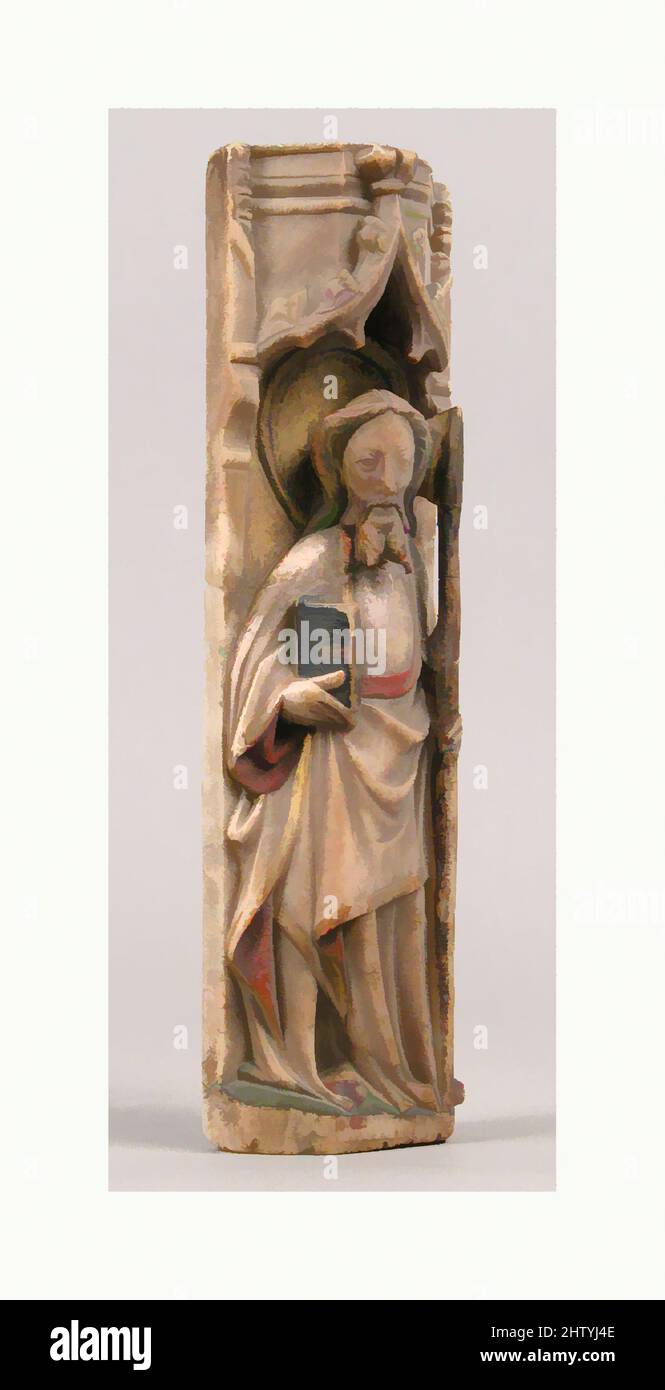 Kunst inspiriert von Relief of Standing Saint unter dem Oggi Arch, ca. 1450, hergestellt in Nottingham, England, britisch, Alabaster mit Farbe und Vergoldung, insgesamt: 10 3/8 x 3 x 1 1/2 Zoll (26,4 x 7,6 x 3,8 cm), Skulptur-Miniatur, der Apostel Jude, von einem verlorenen Altar, hält den Speer seines Martyriums, Classic Works modernisiert von Artotop mit einem Schuss Moderne. Formen, Farbe und Wert, auffällige visuelle Wirkung auf Kunst. Emotionen durch Freiheit von Kunstwerken auf zeitgemäße Weise. Eine zeitlose Botschaft, die eine wild kreative neue Richtung verfolgt. Künstler, die sich dem digitalen Medium zuwenden und die Artotop NFT erschaffen Stockfoto