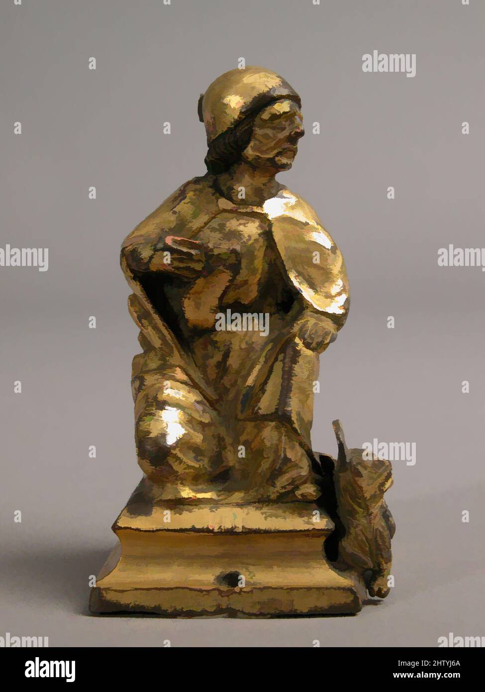 Kunst nach Saint Mark, 1460–70, hergestellt in Padua, italienisch, Kupferlegierung, Vergoldung, insgesamt: 2 3/4 x 1 9/16 x 1 5/16 Zoll (7 x 4 x 3,4 cm), Metallarbeiten-Bronze, Klassisches Werk, modernisiert von Artotop mit einem Schuss Moderne. Formen, Farbe und Wert, auffällige visuelle Wirkung auf Kunst. Emotionen durch Freiheit von Kunstwerken auf zeitgemäße Weise. Eine zeitlose Botschaft, die eine wild kreative neue Richtung verfolgt. Künstler, die sich dem digitalen Medium zuwenden und die Artotop NFT erschaffen Stockfoto