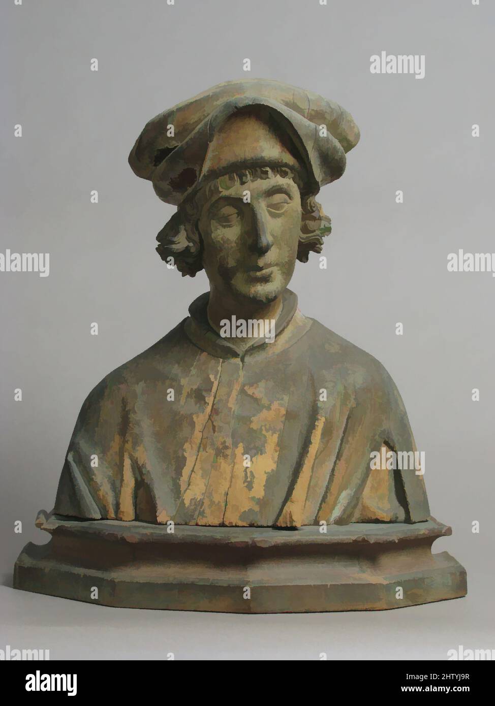 Kunst inspiriert von Portrait Büste eines jungen Mannes, 16. Jahrhundert, Made in Franconia, Deutsch, Holz mit Spur von Polychromie, insgesamt: 16 15/16 x 15 1/16 x 5 1/2in. (43 x 38,2 x 14cm), Skulptur-Holz, Klassisches Werk, das von Artotop mit einem Schuss Moderne modernisiert wurde. Formen, Farbe und Wert, auffällige visuelle Wirkung auf Kunst. Emotionen durch Freiheit von Kunstwerken auf zeitgemäße Weise. Eine zeitlose Botschaft, die eine wild kreative neue Richtung verfolgt. Künstler, die sich dem digitalen Medium zuwenden und die Artotop NFT erschaffen Stockfoto