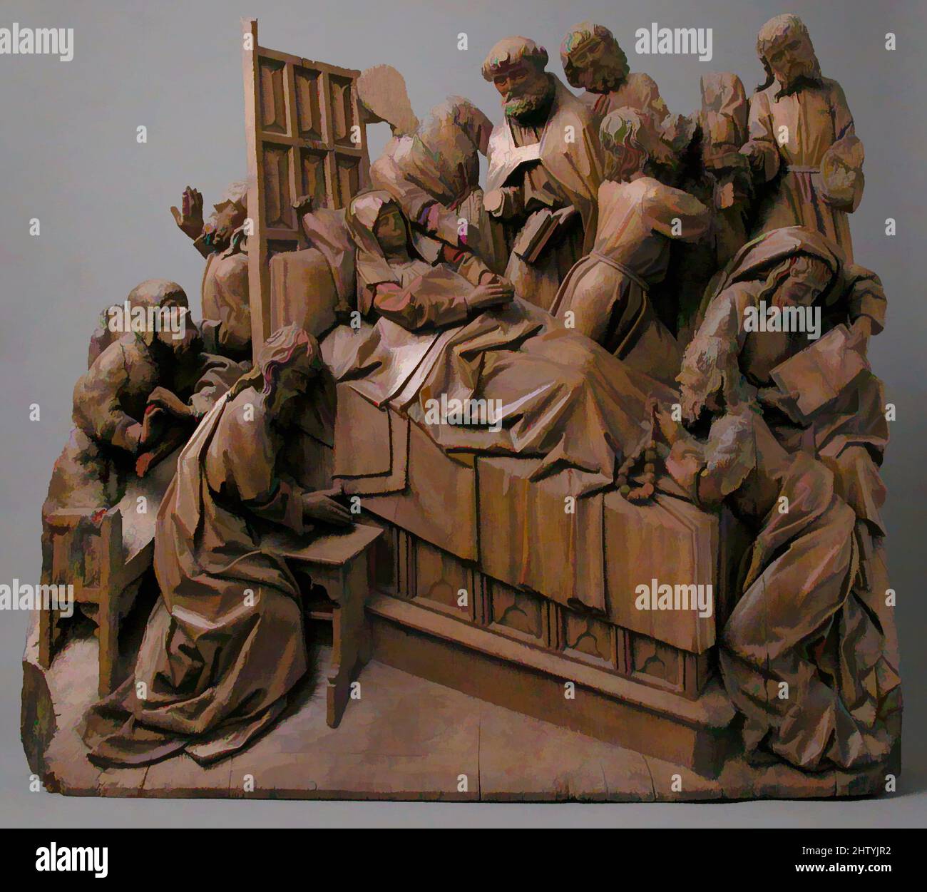 Kunst inspiriert durch den Tod der Jungfrau, Anfang 16. Jahrhundert, hergestellt in Calcar, Deutsch, Walnuss, Insgesamt: 29 1/2 x 31 7/8 x 7 1/2 Zoll (74,9 x 81 x 19,1 cm), Skulpturen-Holz, Klassisches Werk, das von Artotop mit einem Schuss Moderne modernisiert wurde. Formen, Farbe und Wert, auffällige visuelle Wirkung auf Kunst. Emotionen durch Freiheit von Kunstwerken auf zeitgemäße Weise. Eine zeitlose Botschaft, die eine wild kreative neue Richtung verfolgt. Künstler, die sich dem digitalen Medium zuwenden und die Artotop NFT erschaffen Stockfoto