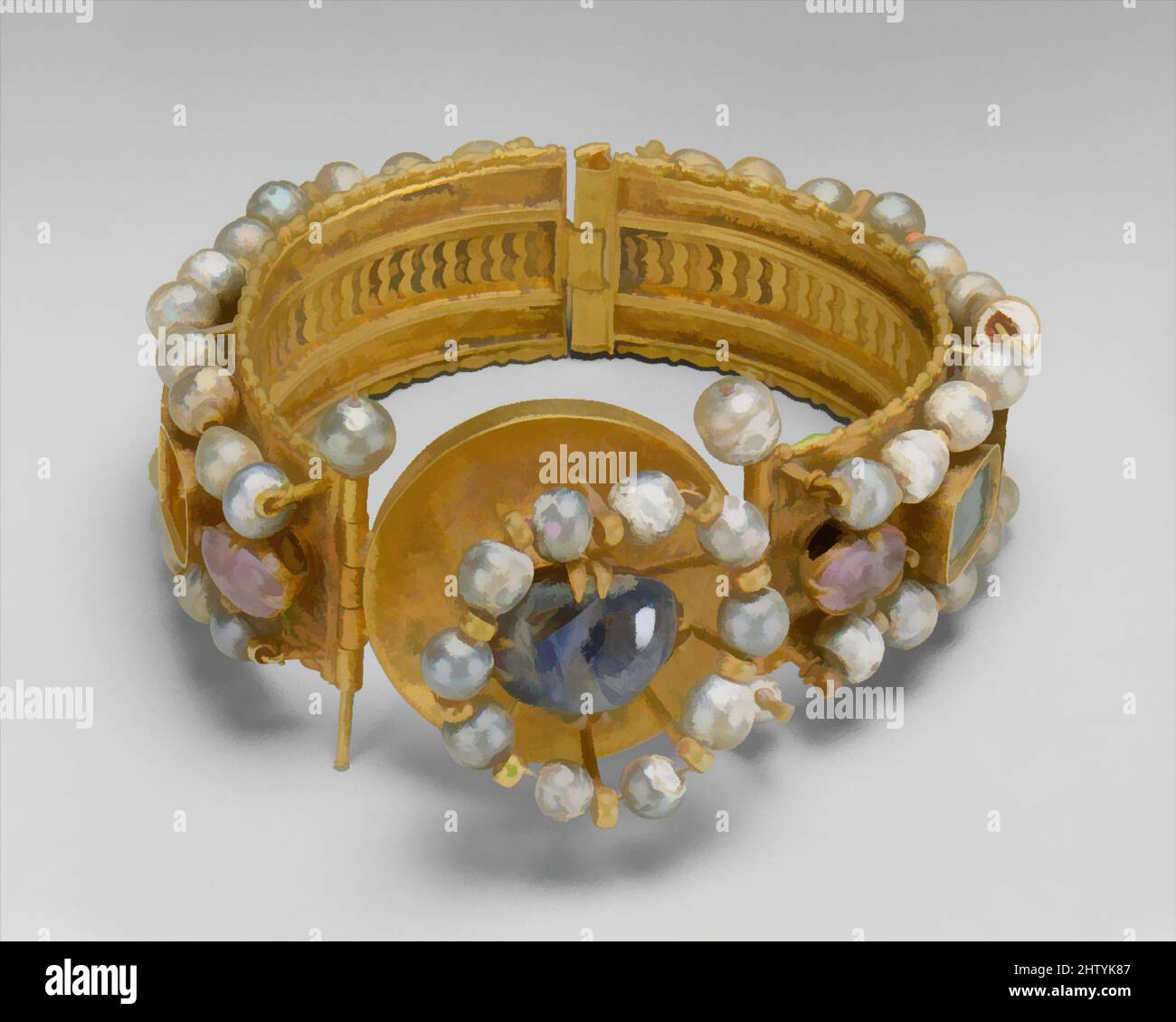Kunst inspiriert von Schmuckarmband, 500–700, hergestellt in wahrscheinlich Konstantinopel, Byzantinisch, Gold, Silber, Perle, amethyst, Saphir, Glas, Quarz, Smaragdplasma, Insgesamt: 1 7/16 x 3 1/4 Zoll (3,7 x 8,2 cm), Metallarbeiten-Gold, diese aufwendig verzierten Armbänder haben reich verzierte Außenflächen, Classic Works modernisiert von Artotop mit einem Schuss Modernität. Formen, Farbe und Wert, auffällige visuelle Wirkung auf Kunst. Emotionen durch Freiheit von Kunstwerken auf zeitgemäße Weise. Eine zeitlose Botschaft, die eine wild kreative neue Richtung verfolgt. Künstler, die sich dem digitalen Medium zuwenden und die Artotop NFT erschaffen Stockfoto