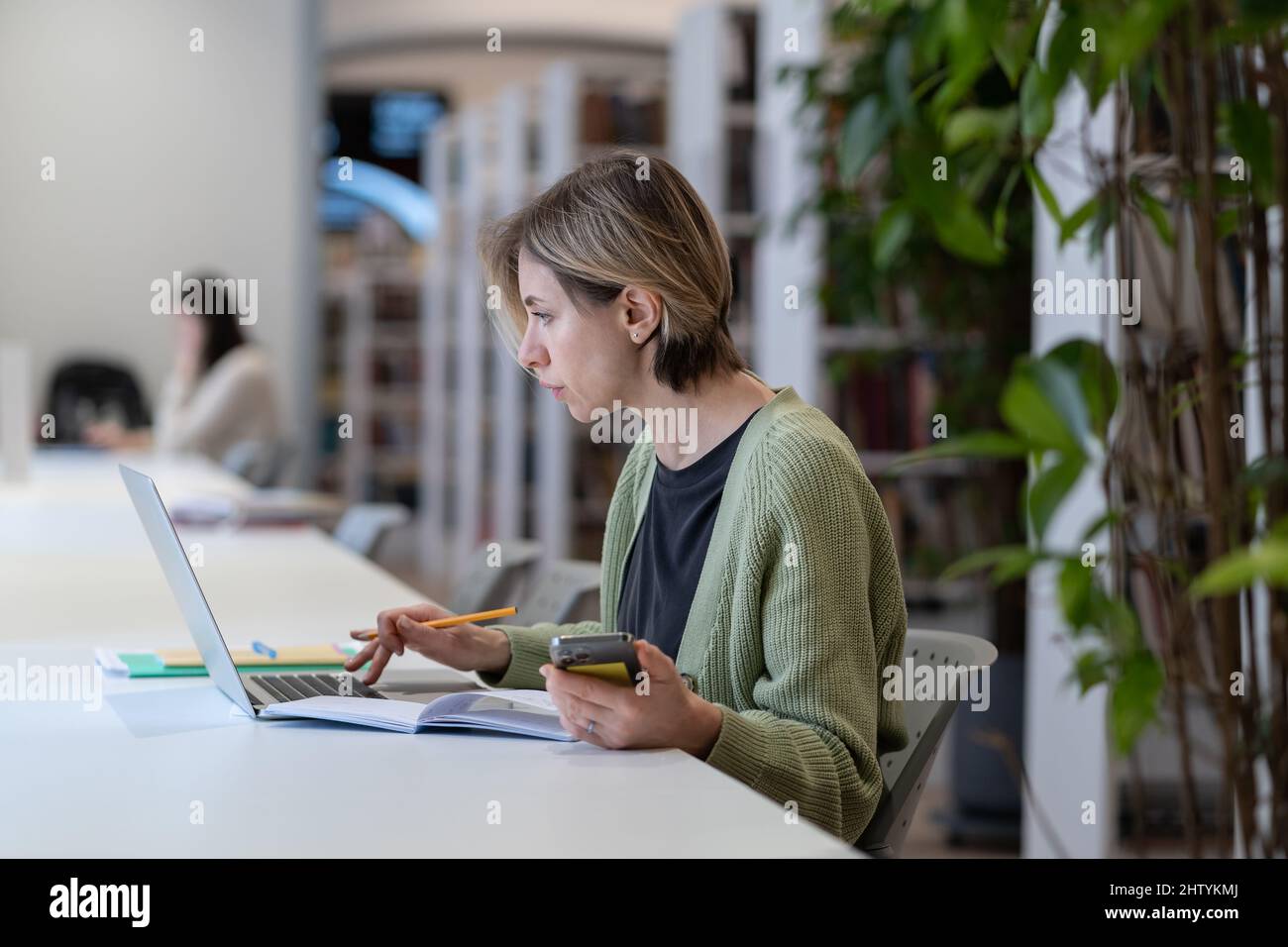 Fokussierte Hochschullehrerin mit Laptop, während sie in einer ruhigen, gemütlichen Bibliothek sitzt Stockfoto