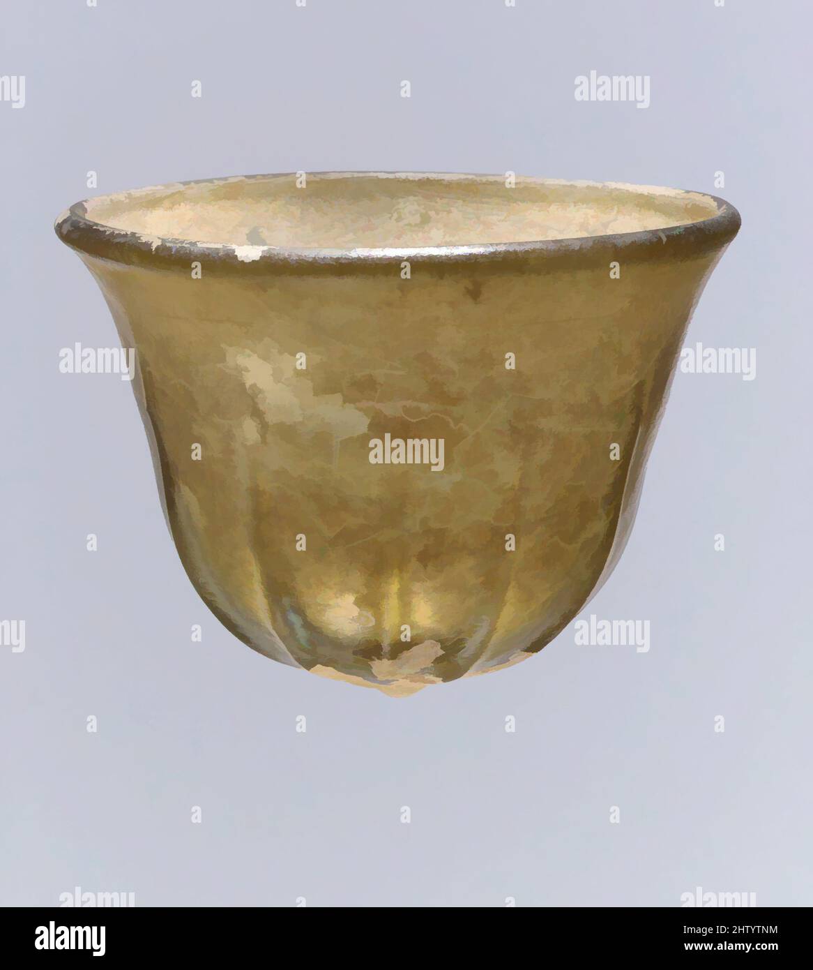 Art Inspired by Glass Palm Cup, 7.–8. Century, Frankish, Glass, insgesamt: 2 1/2 x 3 7/16 Zoll (6,4 x 8,7 cm), Glasgefäße, Klassisches Werk, modernisiert von Artotop mit einem Schuss Moderne. Formen, Farbe und Wert, auffällige visuelle Wirkung auf Kunst. Emotionen durch Freiheit von Kunstwerken auf zeitgemäße Weise. Eine zeitlose Botschaft, die eine wild kreative neue Richtung verfolgt. Künstler, die sich dem digitalen Medium zuwenden und die Artotop NFT erschaffen Stockfoto