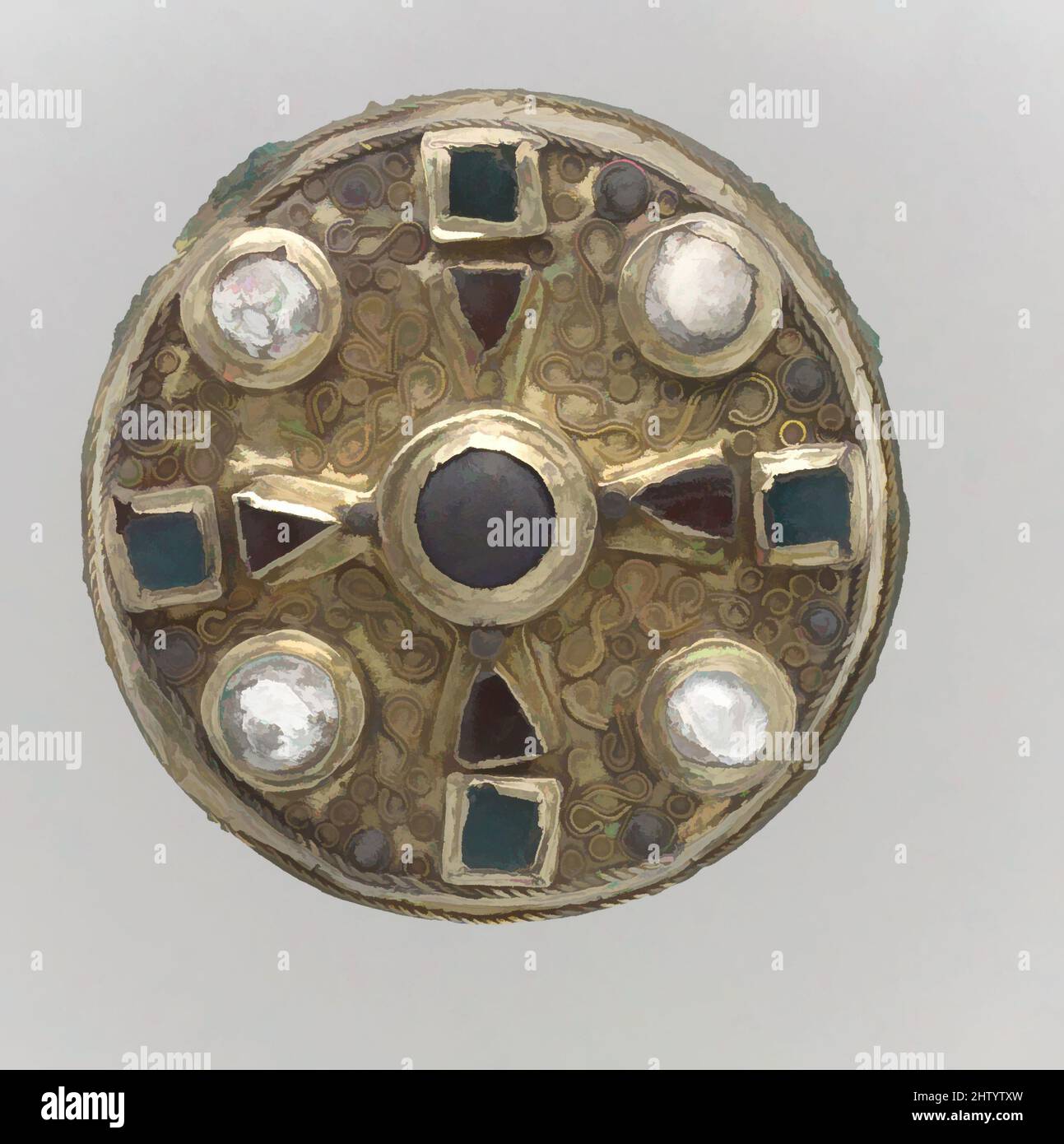 Kunst inspiriert von Disk Brooch, Ende des 7.. Jahrhunderts, fränkisch, Goldblech mit Kupferlegierung Rückseite, und Inlays aus Granat, Glas und Kalzit, insgesamt: 2 1/4 x 15/16 Zoll (5,7 x 2,4 cm), Metallarbeiten-Gold, das Kleid fränkischer Frauen bestand in der Regel aus einer Tunika, die von einem Gürtel gezinkt wurde, aus dem Classic Works von Artotop mit einem Schuss Moderne modernisiert wurde. Formen, Farbe und Wert, auffällige visuelle Wirkung auf Kunst. Emotionen durch Freiheit von Kunstwerken auf zeitgemäße Weise. Eine zeitlose Botschaft, die eine wild kreative neue Richtung verfolgt. Künstler, die sich dem digitalen Medium zuwenden und die Artotop NFT erschaffen Stockfoto