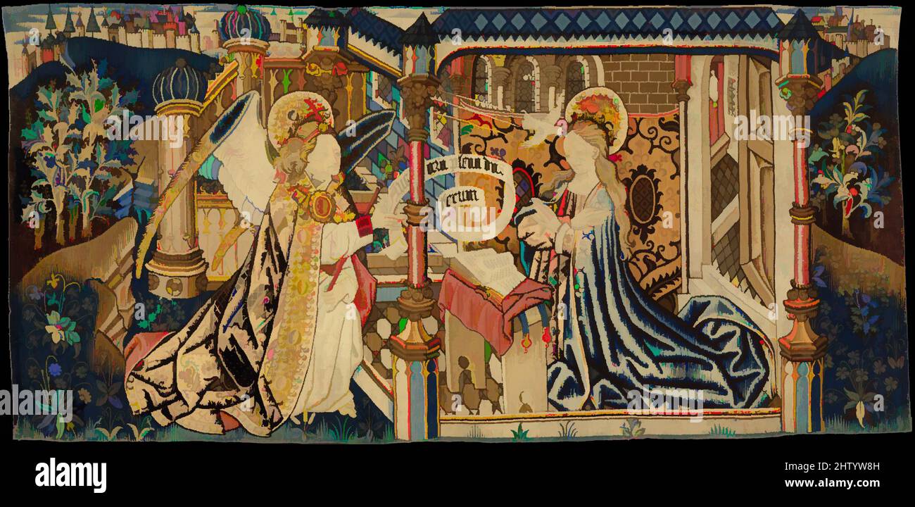 Kunst inspiriert von der Verkündigung, ca. 1460–80, Südniederländisch, Wollkrüpp, Wolle- und Seidenwefe, 39 5/16 x 83 Zoll (99,9 x 210,8 cm), Textilien-Wandteppiche, drapiert in reichen kirchlichen Gewändern, grüßt der Erzengel Gabriel Maria mit den Worten „Gegrüßet seist du, Maria, voller Gnade, der Herr ist, Klassische Werke, die von Artotop mit einem Schuss Moderne modernisiert wurden. Formen, Farbe und Wert, auffällige visuelle Wirkung auf Kunst. Emotionen durch Freiheit von Kunstwerken auf zeitgemäße Weise. Eine zeitlose Botschaft, die eine wild kreative neue Richtung verfolgt. Künstler, die sich dem digitalen Medium zuwenden und die Artotop NFT erschaffen Stockfoto