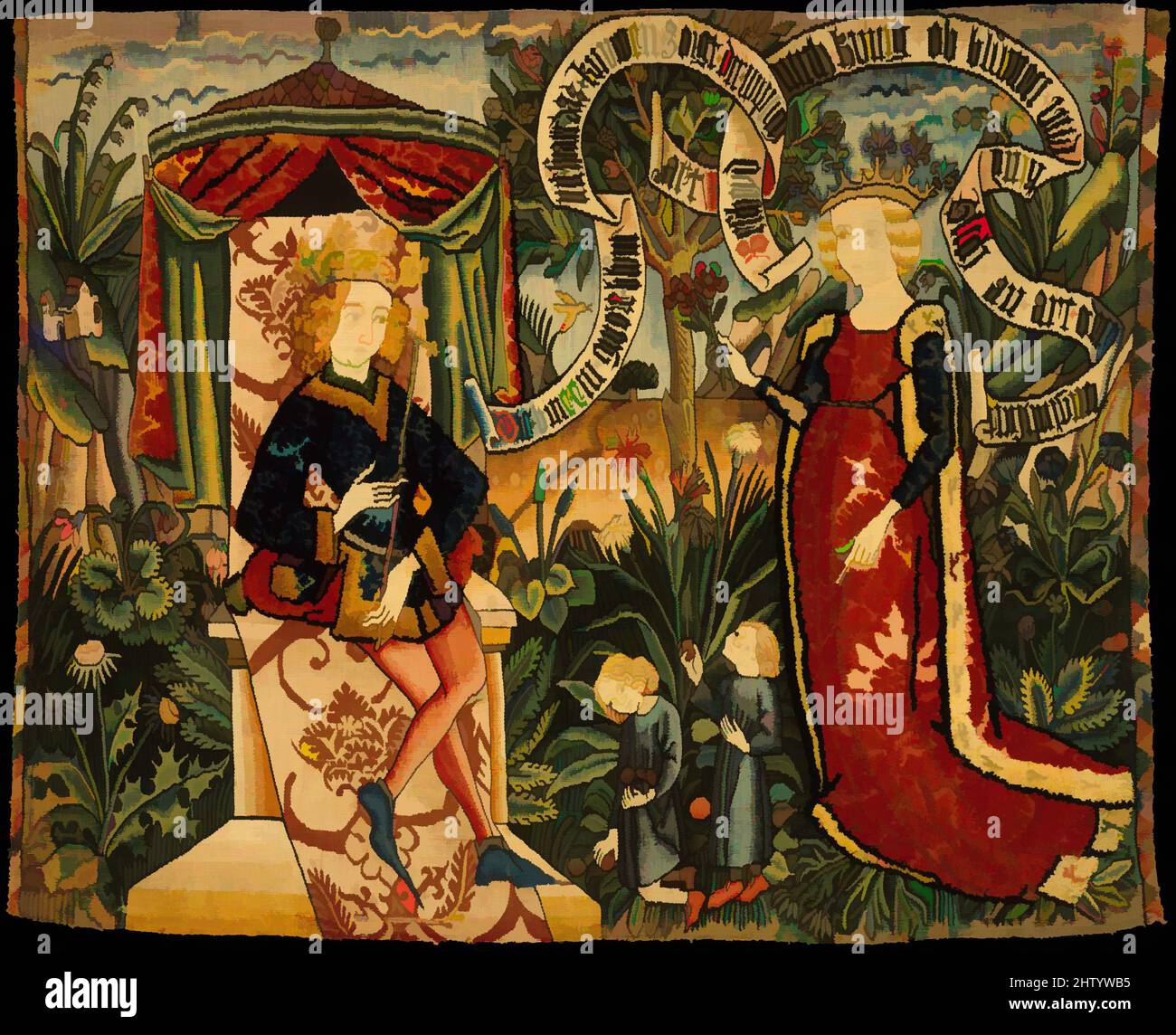 Kunst inspiriert von zwei Rätseln der Königin von Sheba, ca. 1490–1500, hergestellt in Straßburg, Oberrhein, Deutschland, Oberrhein, Leinenkerze; Woll-, Leinen- und Metallic-Schussarbeiten, 31 1/2 x 40 Zoll (80 x 101,6 cm), Textilien-Wandteppiche, Obwohl in der Bibel steht, dass die Königin von Sheba posierte, modernisierte Classic Works von Artotop mit einem Schuss Modernität. Formen, Farbe und Wert, auffällige visuelle Wirkung auf Kunst. Emotionen durch Freiheit von Kunstwerken auf zeitgemäße Weise. Eine zeitlose Botschaft, die eine wild kreative neue Richtung verfolgt. Künstler, die sich dem digitalen Medium zuwenden und die Artotop NFT erschaffen Stockfoto