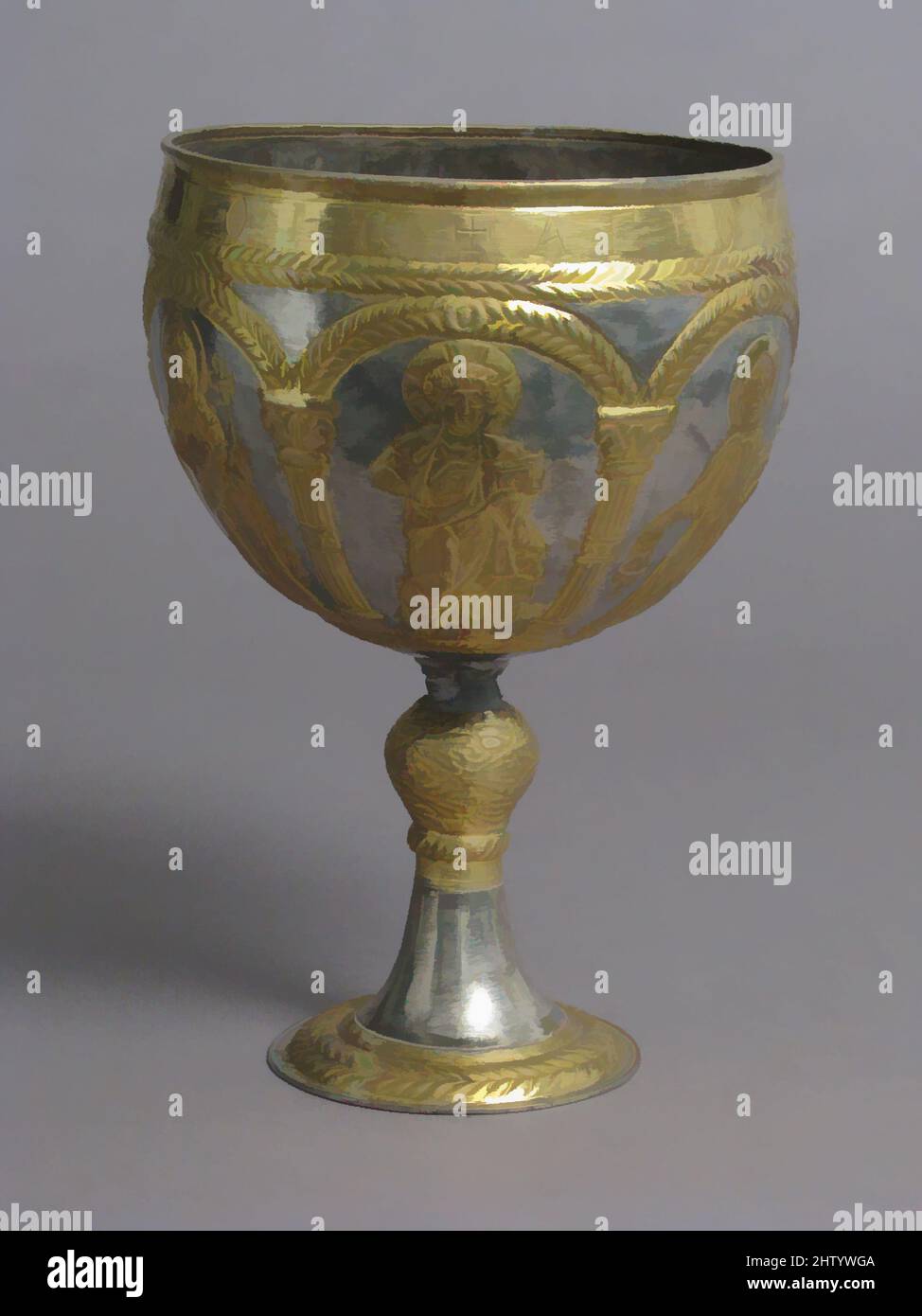 Kunst inspiriert vom Schatz von Attaroutari - Kelch, 500–650, hergestellt in Attaroutari, Syrien, Byzantine, Silber und vergoldet Silber, insgesamt: 9 9/16 x 6 5/8 Zoll (24,3 x 16,8 cm), Metallarbeiten-Silber, mit einem Jugendlichen Christus mit einem kreuzförmigen Halo, einem Diakon-heiligen mit Räuchergefäß (wahrscheinlich St. Stephan, Klassisches Werk, das von Artotop mit einem Schuss Moderne modernisiert wurde. Formen, Farbe und Wert, auffällige visuelle Wirkung auf Kunst. Emotionen durch Freiheit von Kunstwerken auf zeitgemäße Weise. Eine zeitlose Botschaft, die eine wild kreative neue Richtung verfolgt. Künstler, die sich dem digitalen Medium zuwenden und die Artotop NFT erschaffen Stockfoto