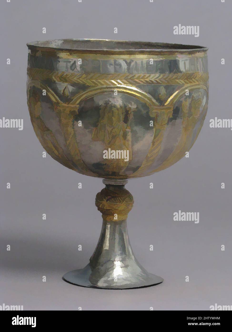 Kunst inspiriert vom Schatz von Attaroutari - Kelch, 500–650, hergestellt in Attaroutari, Syrien, Byzantine, Silber und vergoldet Silber, insgesamt: 8 3/8 x 6 5/16 Zoll (21,3 x 16 cm), Metallarbeiten-Silber, mit einem langhaarigen Heiligen Johannes dem Vorläufer, der Jungfrau Maria in oranter Pose, einem heiligen in oranter Pose, Klassischen Werken, die von Artotop mit einem Schuss Moderne modernisiert wurden. Formen, Farbe und Wert, auffällige visuelle Wirkung auf Kunst. Emotionen durch Freiheit von Kunstwerken auf zeitgemäße Weise. Eine zeitlose Botschaft, die eine wild kreative neue Richtung verfolgt. Künstler, die sich dem digitalen Medium zuwenden und die Artotop NFT erschaffen Stockfoto