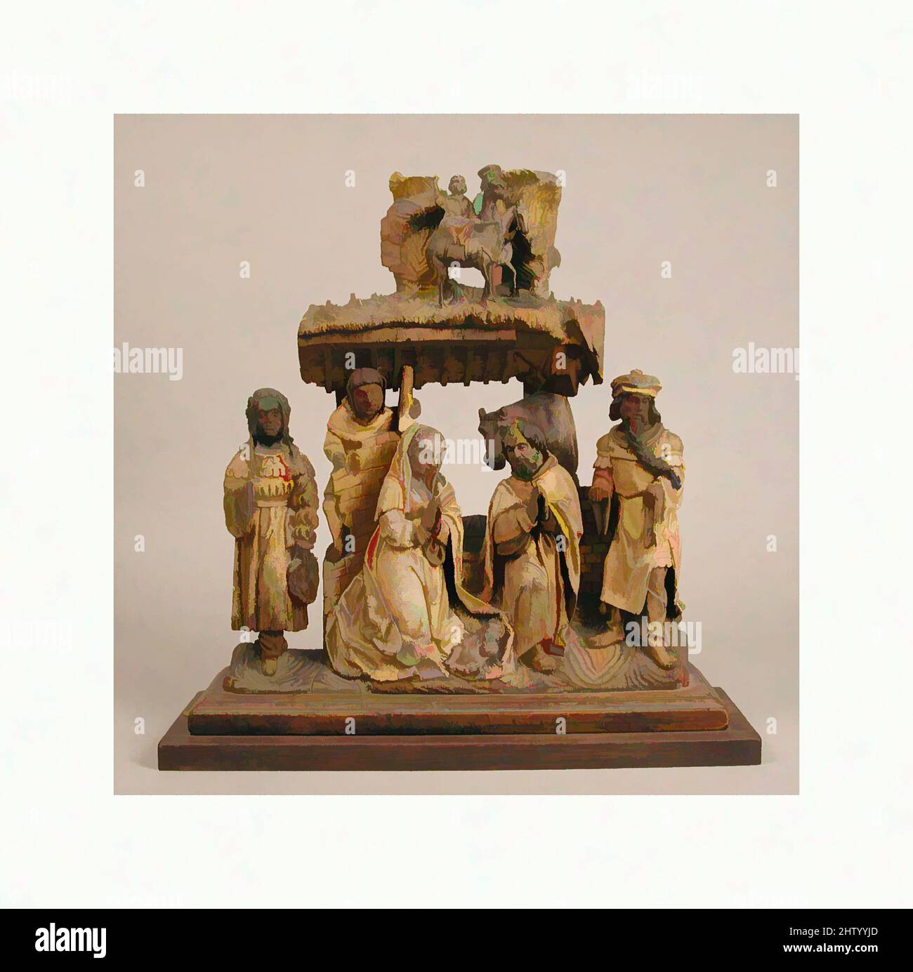 Kunst inspiriert von der Anbetung der Könige, ca. 1520, Südniederländisch, Eiche, mit Polychromie und Vergoldung, insgesamt: 15 3/8 x 13 7/8 x 4 1/2 Zoll (39,1 x 35,2 x 11,4 cm), Skulptur-Holz, Diese kleine, intime Szene kombiniert zwei Episoden: Oben folgen die drei Könige dem Stern nach Bethlehem (jetzt, Classic Works modernisiert von Artotop mit einem Schuss Moderne. Formen, Farbe und Wert, auffällige visuelle Wirkung auf Kunst. Emotionen durch Freiheit von Kunstwerken auf zeitgemäße Weise. Eine zeitlose Botschaft, die eine wild kreative neue Richtung verfolgt. Künstler, die sich dem digitalen Medium zuwenden und die Artotop NFT erschaffen Stockfoto