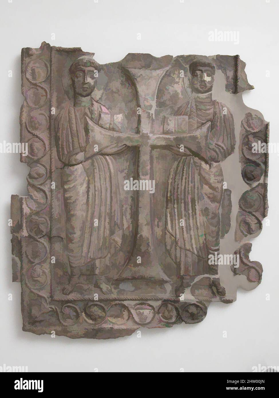 Kunst inspiriert von Gedenktafel mit zwei Heiligen, 6. Jahrhundert, in syrischer, antiochenischer, byzantinischer, Silber, Paket vergoldet, insgesamt: 10 1/16 x 8 11/16 x 1/2 Zoll (25,5 x 22 x 1,3 cm), Metallwerk-Silber, stehen die beiden Heiligen mit Büchern und einem großen Kreuz dazwischen. Die Jugendliche Figur, Classic Works modernisiert von Artotop mit einem Schuss Modernität. Formen, Farbe und Wert, auffällige visuelle Wirkung auf Kunst. Emotionen durch Freiheit von Kunstwerken auf zeitgemäße Weise. Eine zeitlose Botschaft, die eine wild kreative neue Richtung verfolgt. Künstler, die sich dem digitalen Medium zuwenden und die Artotop NFT erschaffen Stockfoto