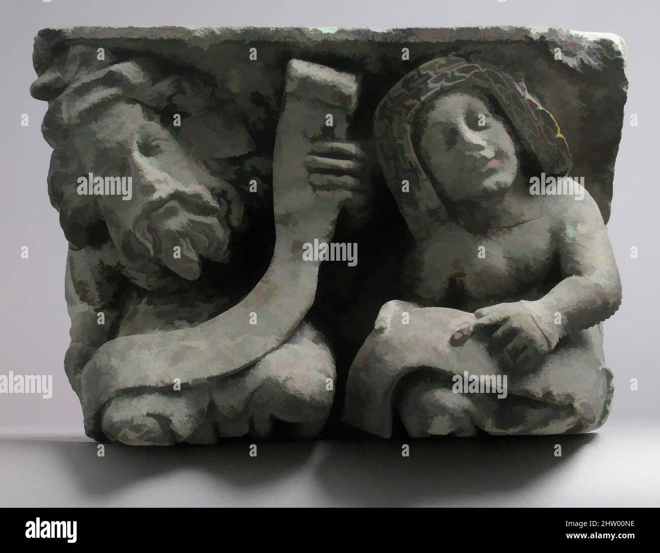 Kunst inspiriert von Corbel, Anfang des 15.. Jahrhunderts, Deutsch oder Südniederländisch, Kalkstein, insgesamt: 15 x 20 1/2 x 12 3/4in. (38,1 x 52,1 x 32,4cm), Skulptur-Architektur, Klassische Werke von Artotop mit einem Schuss Moderne modernisiert. Formen, Farbe und Wert, auffällige visuelle Wirkung auf Kunst. Emotionen durch Freiheit von Kunstwerken auf zeitgemäße Weise. Eine zeitlose Botschaft, die eine wild kreative neue Richtung verfolgt. Künstler, die sich dem digitalen Medium zuwenden und die Artotop NFT erschaffen Stockfoto