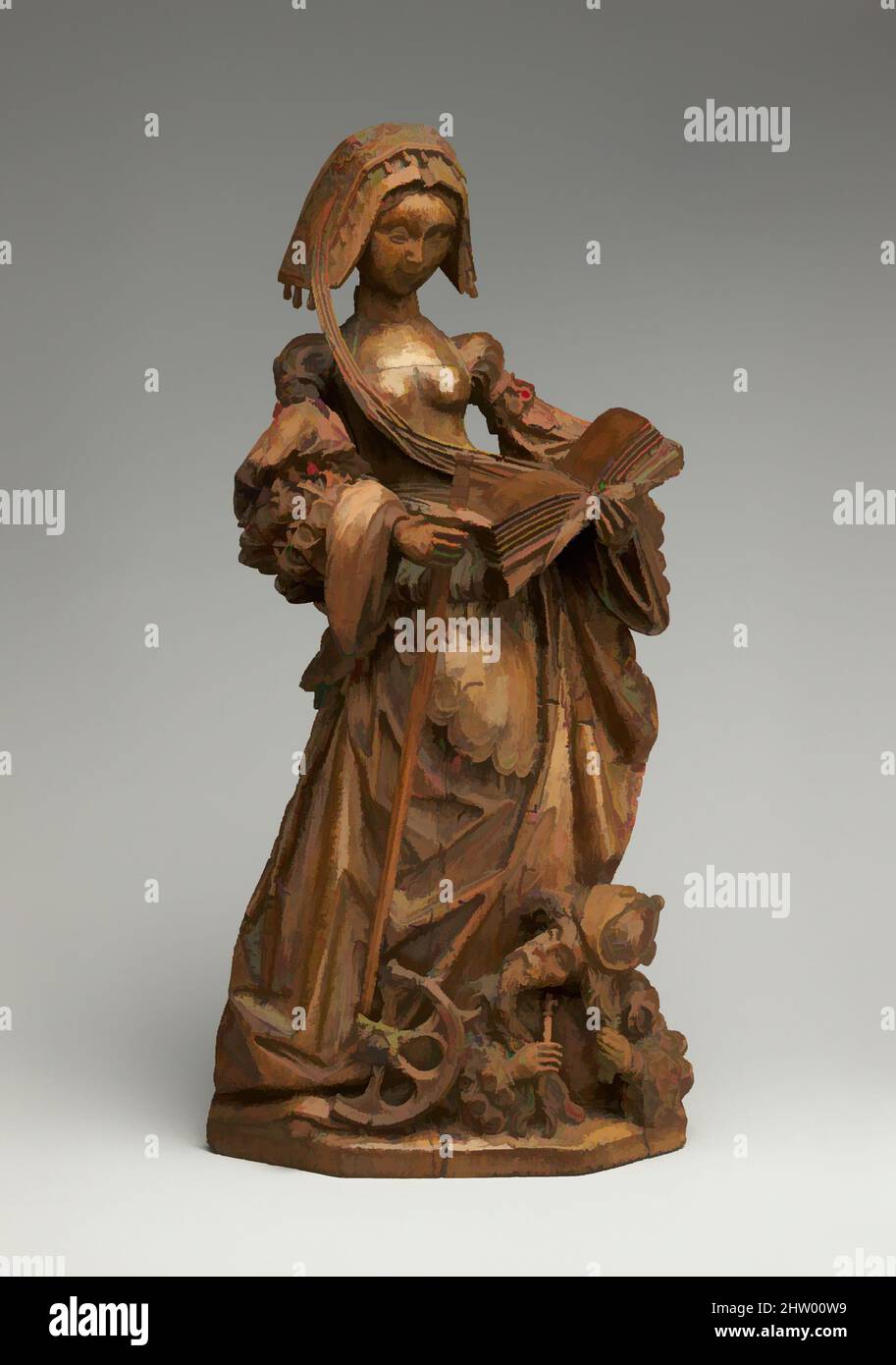 Kunst inspiriert von der heiligen Katharina von Alexandria, ca. 1530, Deutsch, Walnuss, insgesamt: 14 15/16 x 7 3/16 x 5 1/4 Zoll (38 x 18,3 x 13,3 cm), Skulpturenholz, wegen ihres Glaubens wurde die heilige Katharina, eine jungfräuliche Märtyrerin aus dem 4. Jahrhundert, auf einem Rad gefoltert und durch ein Schwert geköpft. Das Buch She, Classic Works modernisiert von Artotop mit einem Schuss Moderne. Formen, Farbe und Wert, auffällige visuelle Wirkung auf Kunst. Emotionen durch Freiheit von Kunstwerken auf zeitgemäße Weise. Eine zeitlose Botschaft, die eine wild kreative neue Richtung verfolgt. Künstler, die sich dem digitalen Medium zuwenden und die Artotop NFT erschaffen Stockfoto