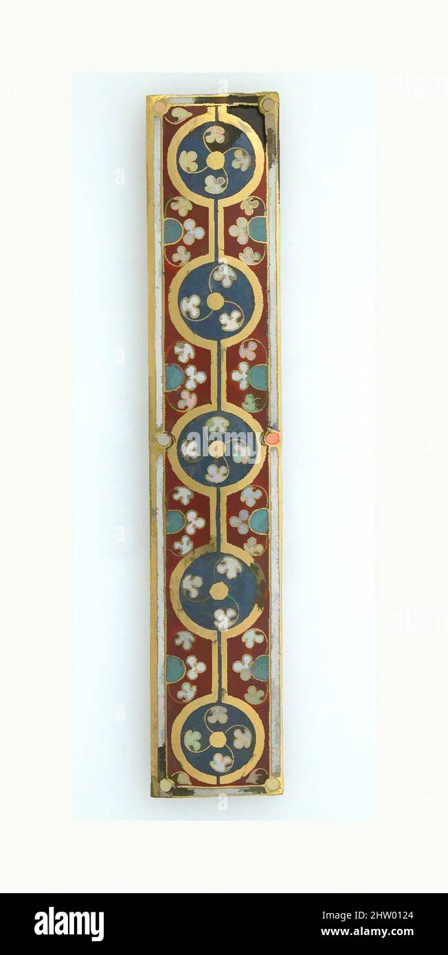 Kunst inspiriert von der Plakette eines Reliquienschreines, ca. 1186, hergestellt in Köln, Deutschland, deutsch, Champlevé und Cloisonné Emaille, Kupferlegierung, vergoldet, insgesamt: 6 3/16 x 1 1/8 x 1/8 Zoll (15,7 x 2,9 x 0,3 cm), Enamels-Champlevé, eines der prächtigsten Objekte in den großen Kirchen von Köln, Klassische Werke, die von Artotop mit einem Schuss Moderne modernisiert wurden. Formen, Farbe und Wert, auffällige visuelle Wirkung auf Kunst. Emotionen durch Freiheit von Kunstwerken auf zeitgemäße Weise. Eine zeitlose Botschaft, die eine wild kreative neue Richtung verfolgt. Künstler, die sich dem digitalen Medium zuwenden und die Artotop NFT erschaffen Stockfoto