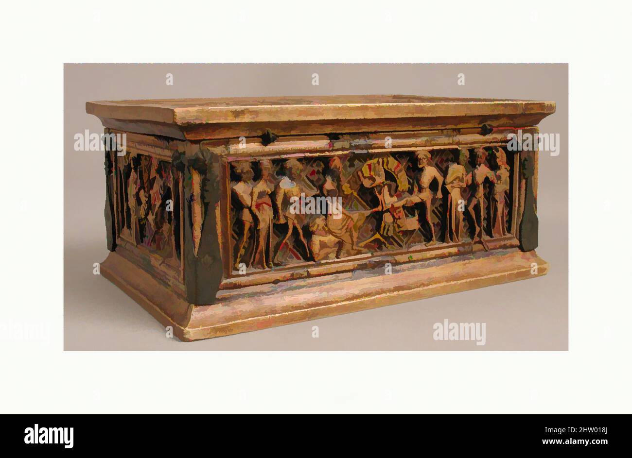 Kunst inspiriert von Casket, Ende 14.. Jahrhundert, hergestellt im Elsass, Deutschland (heute Frankreich), Deutsch, Pappel mit Kupferlegierung, insgesamt: 3 1/4 x 7 3/4 x 5 3/16 Zoll (8,3 x 19,7 x 13,1 cm), Holzmöbel, von Artotop modernisierte Classic Works mit einem Schuss Modernität. Formen, Farbe und Wert, auffällige visuelle Wirkung auf Kunst. Emotionen durch Freiheit von Kunstwerken auf zeitgemäße Weise. Eine zeitlose Botschaft, die eine wild kreative neue Richtung verfolgt. Künstler, die sich dem digitalen Medium zuwenden und die Artotop NFT erschaffen Stockfoto