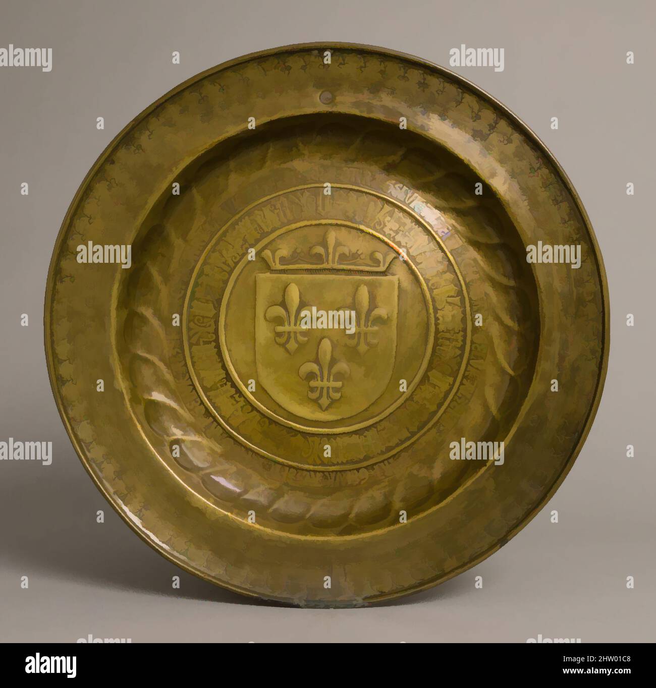 Kunst inspiriert von Teller, Royal Arms of France, Ende des 15.. Jahrhunderts, Südniederländisch, Messing, insgesamt: 17 x 1 1/2 Zoll (43,2 x 3,8 cm), Metallarbeiten-Messing, Klassisches Werk von Artotop mit einem Schuss Modernität modernisiert. Formen, Farbe und Wert, auffällige visuelle Wirkung auf Kunst. Emotionen durch Freiheit von Kunstwerken auf zeitgemäße Weise. Eine zeitlose Botschaft, die eine wild kreative neue Richtung verfolgt. Künstler, die sich dem digitalen Medium zuwenden und die Artotop NFT erschaffen Stockfoto