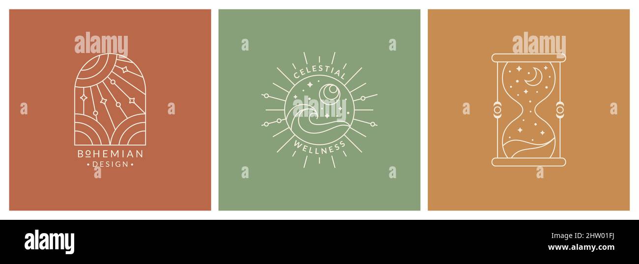 Boho-Logos. Trendige Liniensymbole für Magie, esoterische, himmlische, Astrologie, Alchemie, Spirituelle Heilung und andere Themen. Vektor-böhmische Embleme. Stock Vektor