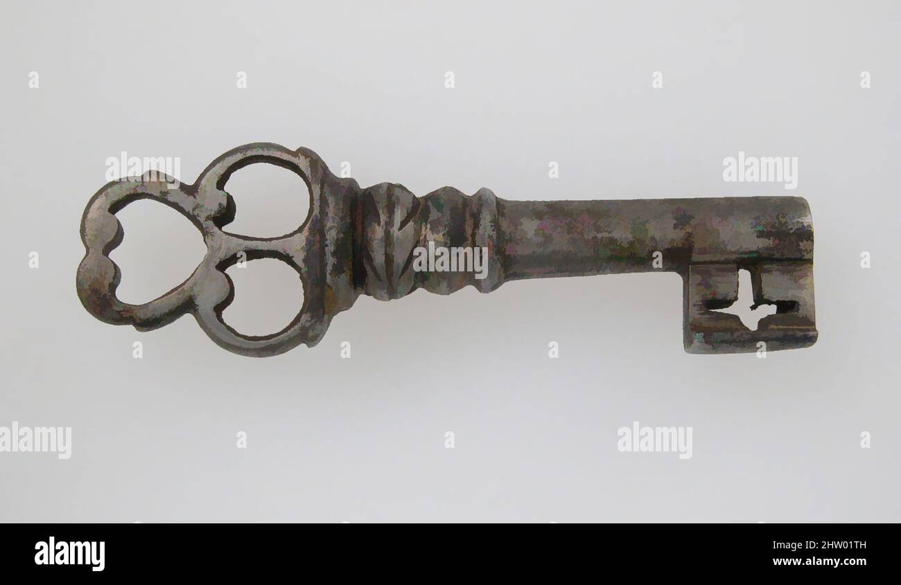 Kunst inspiriert von Key, 15. Jahrhundert, Deutsch, Eisen, insgesamt: 2 11/16 x 13/16 x 7/16 Zoll (6,8 x 2 x 1,1 cm), Metallarbeiten-Eisen, die Dekoration von gotischen Eisenschlössern und Schlüsseln war oft aufwendig und von höchster Verarbeitungsqualität. Die Motive wurden häufig aus gotischen, von Artotop modernisierten, klassischen Werken mit einem Schuss Modernität gezeichnet. Formen, Farbe und Wert, auffällige visuelle Wirkung auf Kunst. Emotionen durch Freiheit von Kunstwerken auf zeitgemäße Weise. Eine zeitlose Botschaft, die eine wild kreative neue Richtung verfolgt. Künstler, die sich dem digitalen Medium zuwenden und die Artotop NFT erschaffen Stockfoto