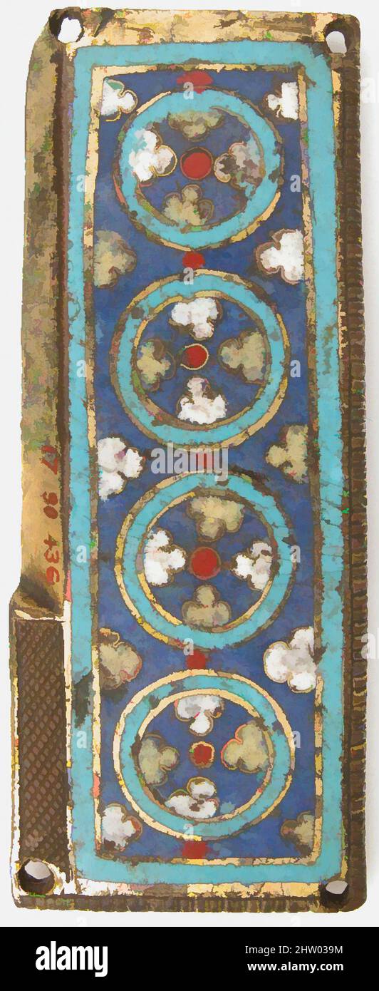 Kunst inspiriert von der Plakette eines Reliquienschreines, ca. 1175–1200, hergestellt in Rheintal oder Maas-Tal, Deutschland oder den Niederlanden, Deutsch oder Südniederländisch, Champleve und Cloisonné-Emaille, Kupferlegierung, vergoldet, Gesamt: 3 1/4 x 1 1/4 x 3/16 Zoll (8,3 x 3,2 x 0,4 cm), Enamels-Champlevé, Klassisches Werk, modernisiert von Artotop mit einem Schuss Moderne. Formen, Farbe und Wert, auffällige visuelle Wirkung auf Kunst. Emotionen durch Freiheit von Kunstwerken auf zeitgemäße Weise. Eine zeitlose Botschaft, die eine wild kreative neue Richtung verfolgt. Künstler, die sich dem digitalen Medium zuwenden und die Artotop NFT erschaffen Stockfoto