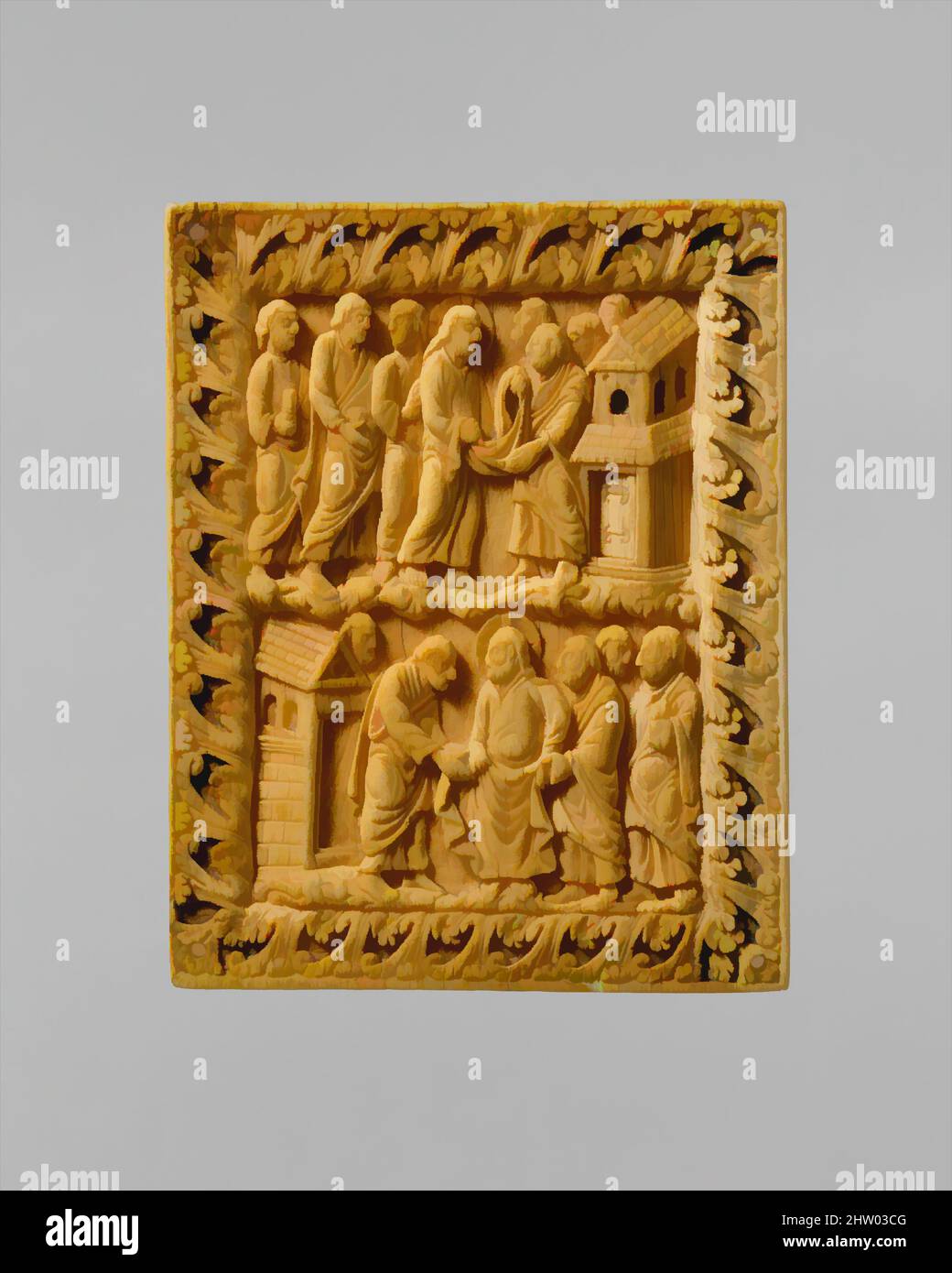 Kunst inspiriert von zwei Szenen von Christus und den Aposteln, ca. 850–900, hergestellt in Reims (vielleicht), Frankreich, französisch, Elefantenelfenbein mit Farbspuren, 3 7/8 x 3 1/16 x 3/16 Zoll (9,9 x 7,8 x 0,5 cm), ivories, die Geschichte auf diesem Elfenbein konzentriert sich auf ein Kleidungsstück, das Jesus zu geben scheint, Classic Works modernisiert von Artotop mit einem Schuss Moderne. Formen, Farbe und Wert, auffällige visuelle Wirkung auf Kunst. Emotionen durch Freiheit von Kunstwerken auf zeitgemäße Weise. Eine zeitlose Botschaft, die eine wild kreative neue Richtung verfolgt. Künstler, die sich dem digitalen Medium zuwenden und die Artotop NFT erschaffen Stockfoto