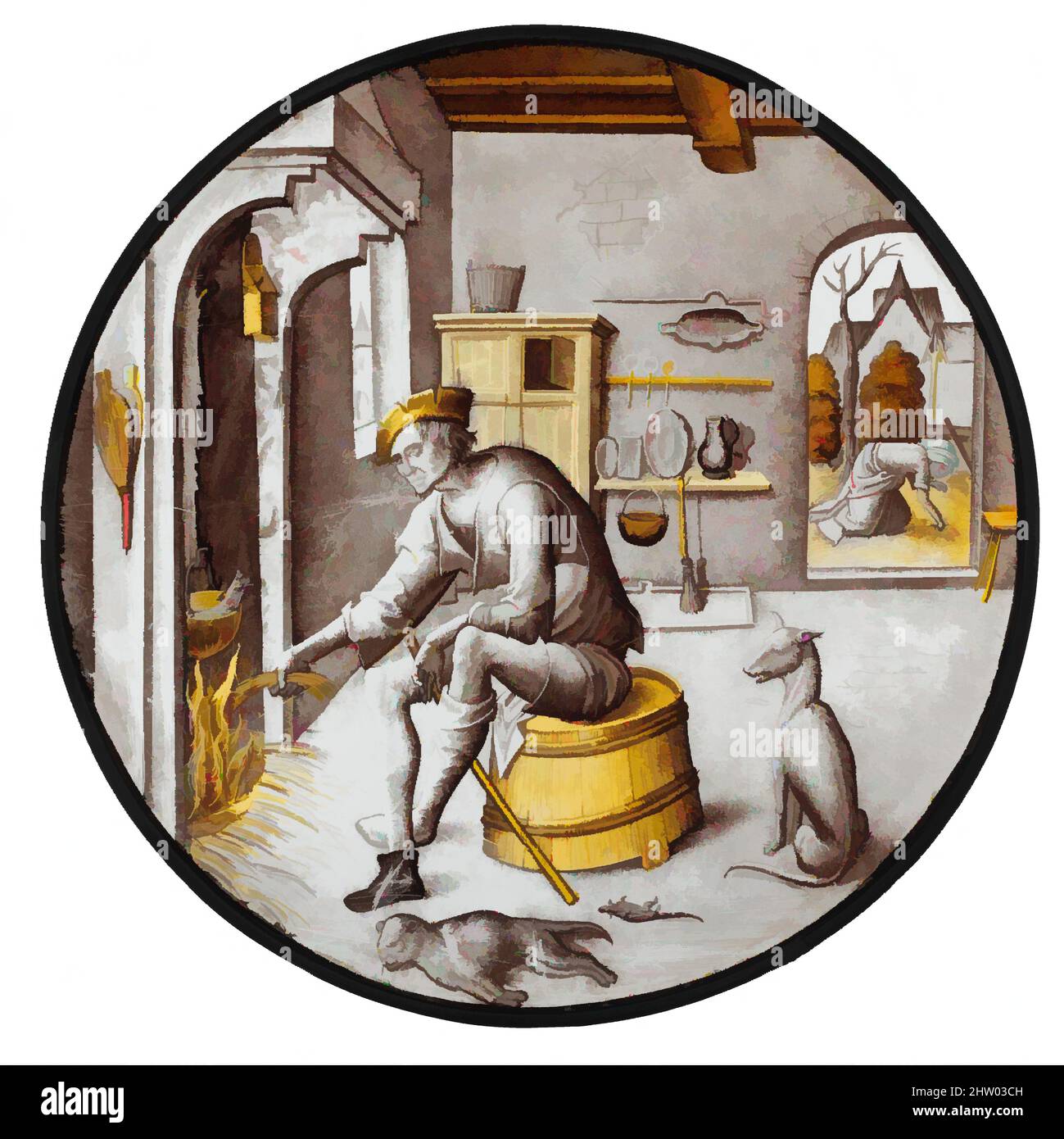 Kunst inspiriert von Sorgheloos ('sorglos') in Poverty, 1510–20, niederländisches, farbloses Glas, Glaskörperfarbe und Silberfleck, insgesamt: 8 7/8 Zoll (22,5 cm), Glasmalerei, Sorgheloos ("sorglos" im mittelalterlichen Holländisch) war der Antiheld einer der beliebtesten moralisierenden Geschichten in den von Artotop modernisierten, klassischen Werken mit einem Schuss Modernität. Formen, Farbe und Wert, auffällige visuelle Wirkung auf Kunst. Emotionen durch Freiheit von Kunstwerken auf zeitgemäße Weise. Eine zeitlose Botschaft, die eine wild kreative neue Richtung verfolgt. Künstler, die sich dem digitalen Medium zuwenden und die Artotop NFT erschaffen Stockfoto
