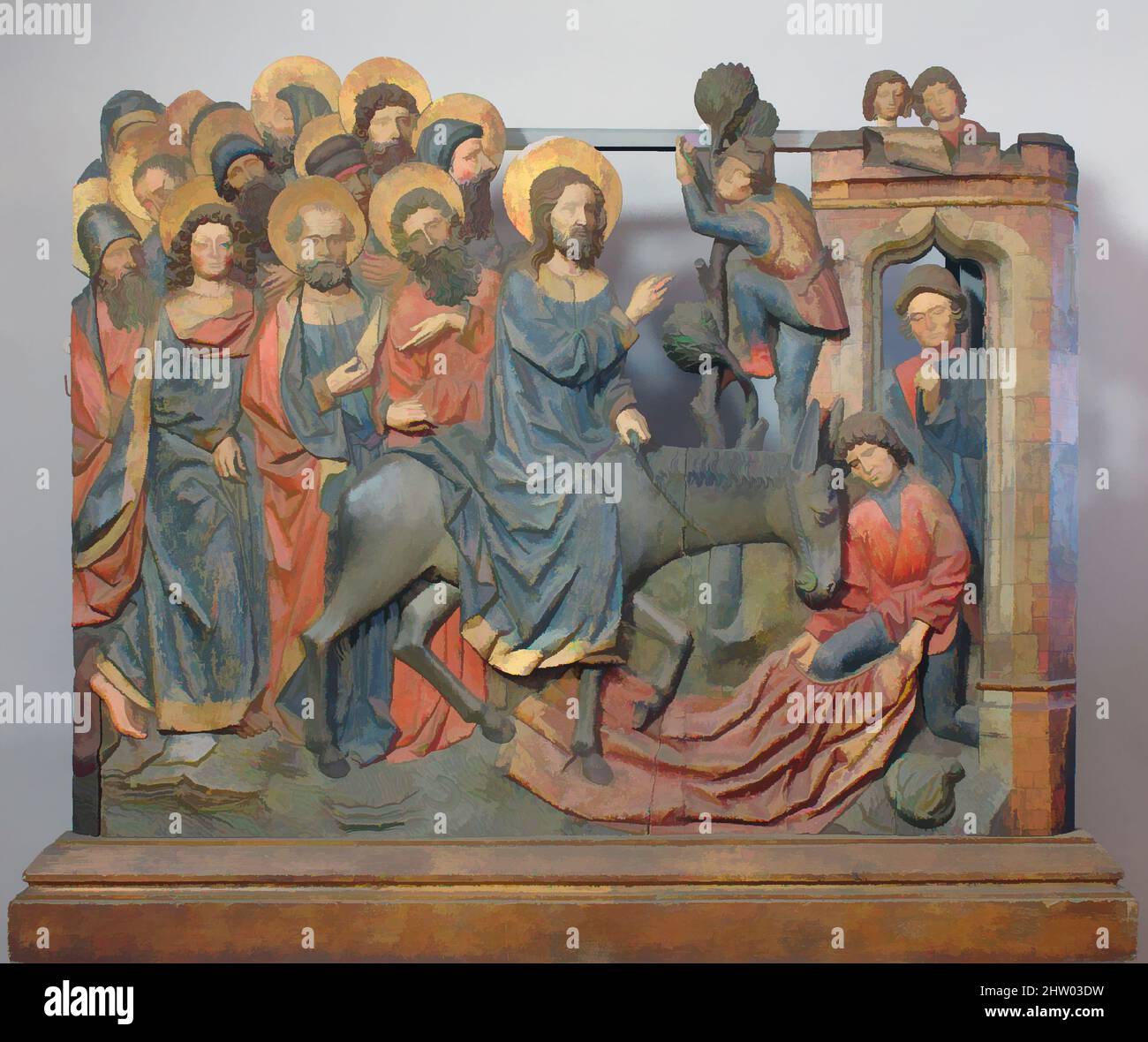 Kunst inspiriert durch den Eintritt in Jerusalem Relief, 15. Jahrhundert, Deutsch, Holz, Farbe, Vergoldet, insgesamt: 43 1/4 x 56 1/2in. (109,9 x 143,5cm), Skulptur-Holz, Klassisches Werk, das von Artotop mit einem Schuss Moderne modernisiert wurde. Formen, Farbe und Wert, auffällige visuelle Wirkung auf Kunst. Emotionen durch Freiheit von Kunstwerken auf zeitgemäße Weise. Eine zeitlose Botschaft, die eine wild kreative neue Richtung verfolgt. Künstler, die sich dem digitalen Medium zuwenden und die Artotop NFT erschaffen Stockfoto