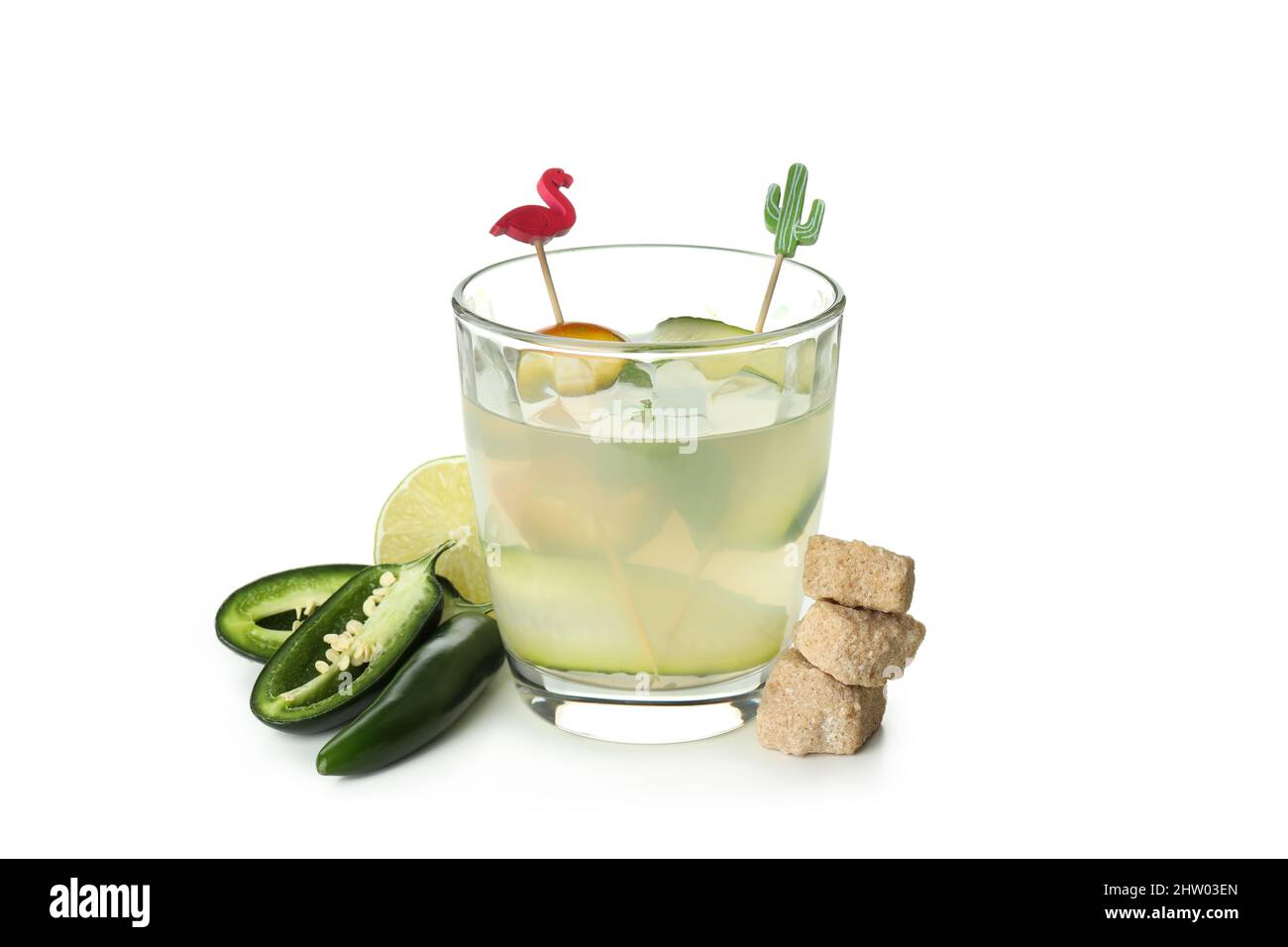 Konzept von Getränk mit Jalapeno Cocktail isoliert auf weißem Hintergrund Stockfoto