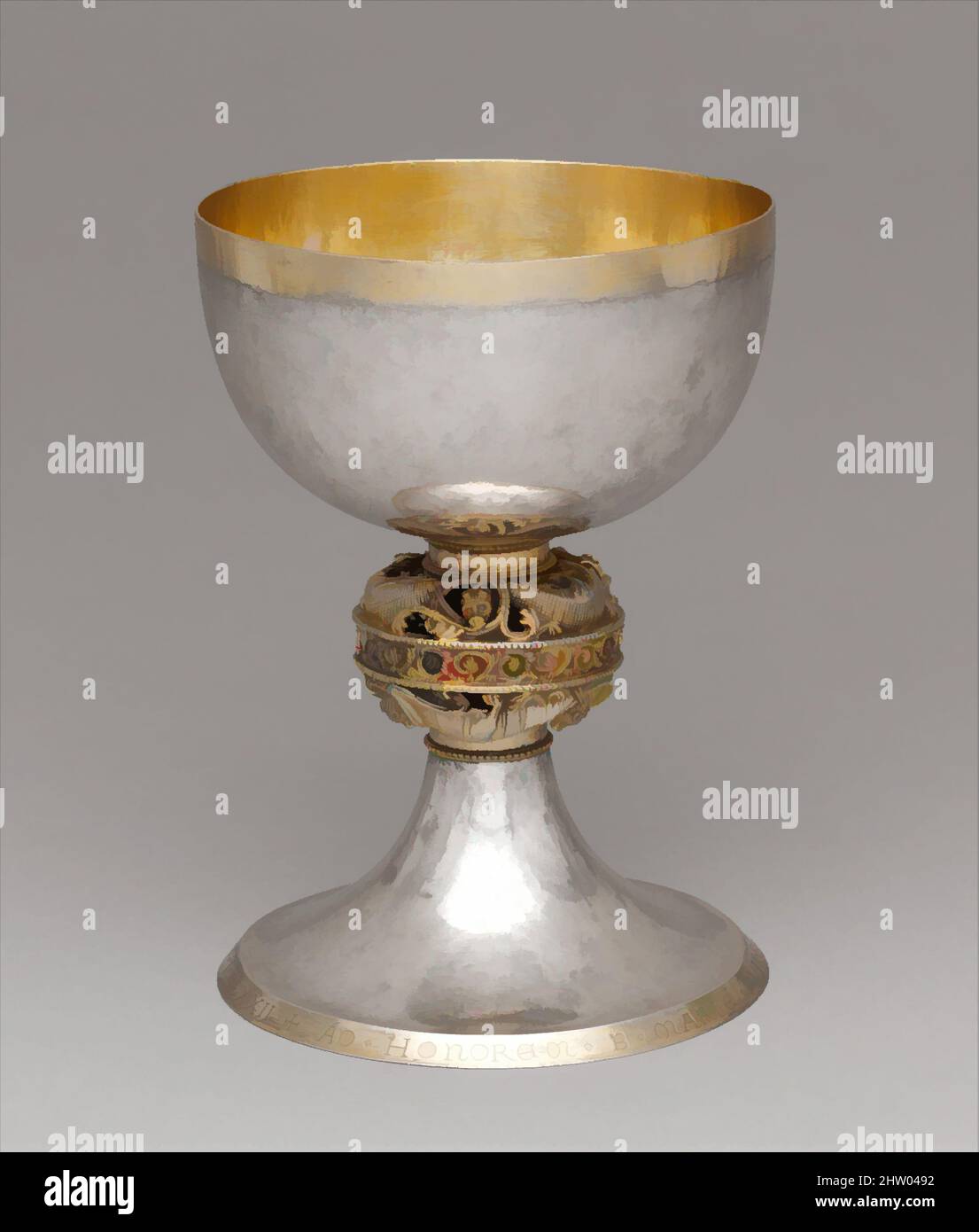 Kunst inspiriert von Kelch, 1222, hergestellt in möglicherweise Meuse Valley, Nordeuropa, Nordeuropa, Silber und vergoldet, insgesamt: 7 1/2 x 5 3/8 Zoll (19,1 x 13,7 cm), Metallwerk-Silber, Bruder Bertinus, die Inschrift um den Sockel weist darauf hin, dass dieser Kelch von Brother hergestellt wurde, Classic Works modernisiert von Artotop mit einem Schuss Moderne. Formen, Farbe und Wert, auffällige visuelle Wirkung auf Kunst. Emotionen durch Freiheit von Kunstwerken auf zeitgemäße Weise. Eine zeitlose Botschaft, die eine wild kreative neue Richtung verfolgt. Künstler, die sich dem digitalen Medium zuwenden und die Artotop NFT erschaffen Stockfoto