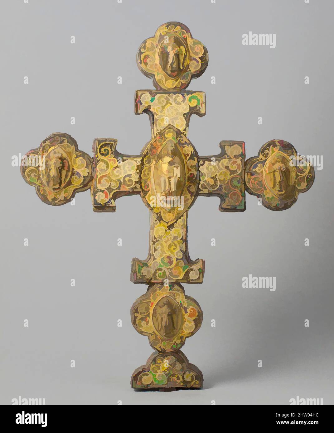 Art inspired by Processional Cross, 13. Century, North Italien, Versilbert, Overall: H: 12 x B: 10 x T: 1 Zoll (30,5 x 25,4 x 2,5 cm), Metallarbeiten-Silber, Klassisches Werk, modernisiert von Artotop mit einem Schuss Moderne. Formen, Farbe und Wert, auffällige visuelle Wirkung auf Kunst. Emotionen durch Freiheit von Kunstwerken auf zeitgemäße Weise. Eine zeitlose Botschaft, die eine wild kreative neue Richtung verfolgt. Künstler, die sich dem digitalen Medium zuwenden und die Artotop NFT erschaffen Stockfoto