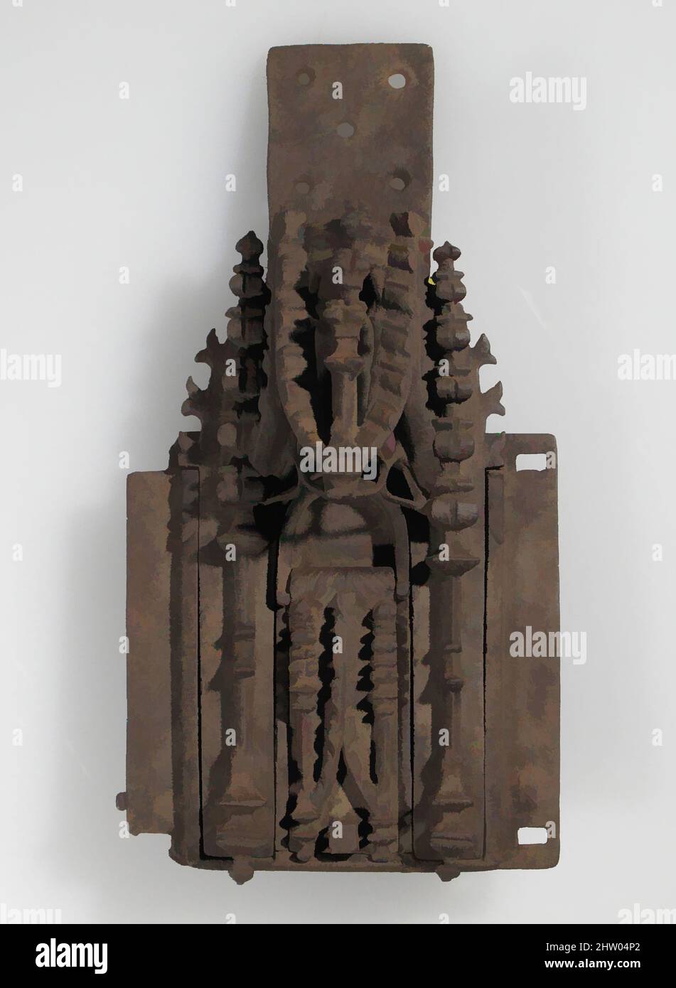 Art Inspired by Lock, 15.–16. Century, European, Iron, Overall (a.): 5 1/8 x 3 3/8 Zoll (13 x 8,6 cm), Metallarbeiten-Eisen, die Dekoration von gotischen Eisenschlössern und Schlüsseln war oft aufwendig und von höchster Verarbeitungsqualität. Die Motive stammen häufig aus der gotischen Architektur, klassische Werke, die von Artotop mit einem Schuss Moderne modernisiert wurden. Formen, Farbe und Wert, auffällige visuelle Wirkung auf Kunst. Emotionen durch Freiheit von Kunstwerken auf zeitgemäße Weise. Eine zeitlose Botschaft, die eine wild kreative neue Richtung verfolgt. Künstler, die sich dem digitalen Medium zuwenden und die Artotop NFT erschaffen Stockfoto